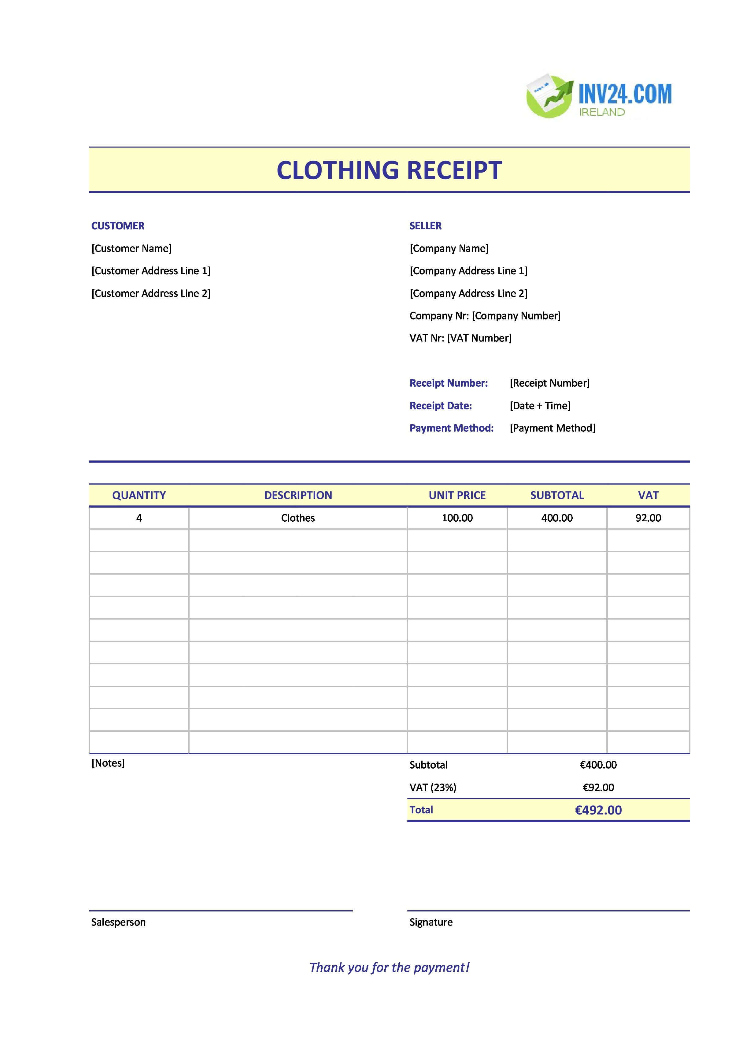 Clothing Receipt Template for Ireland (Excel / Google Sheets)