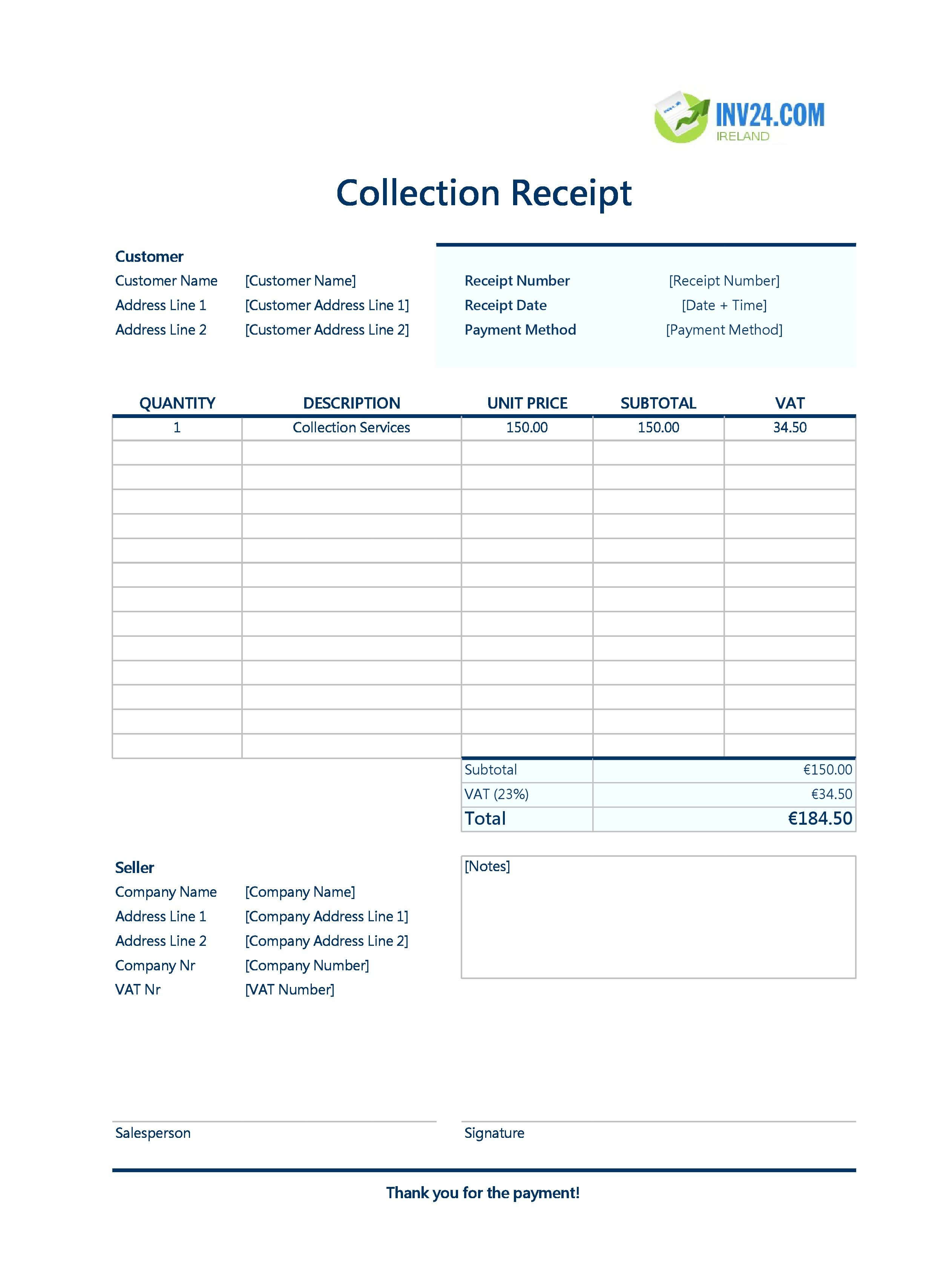 Collection Receipt Template for Ireland (Excel / Google Sheets)