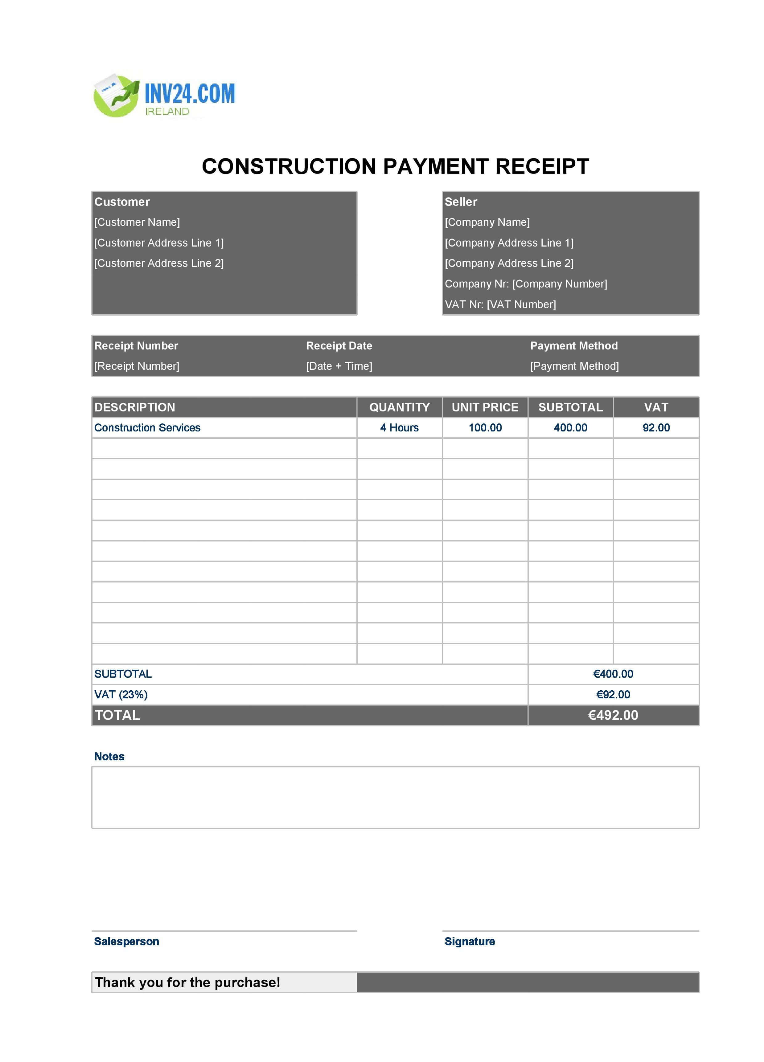 Construction Payment Receipt Template for Ireland (Excel / Google Sheets)