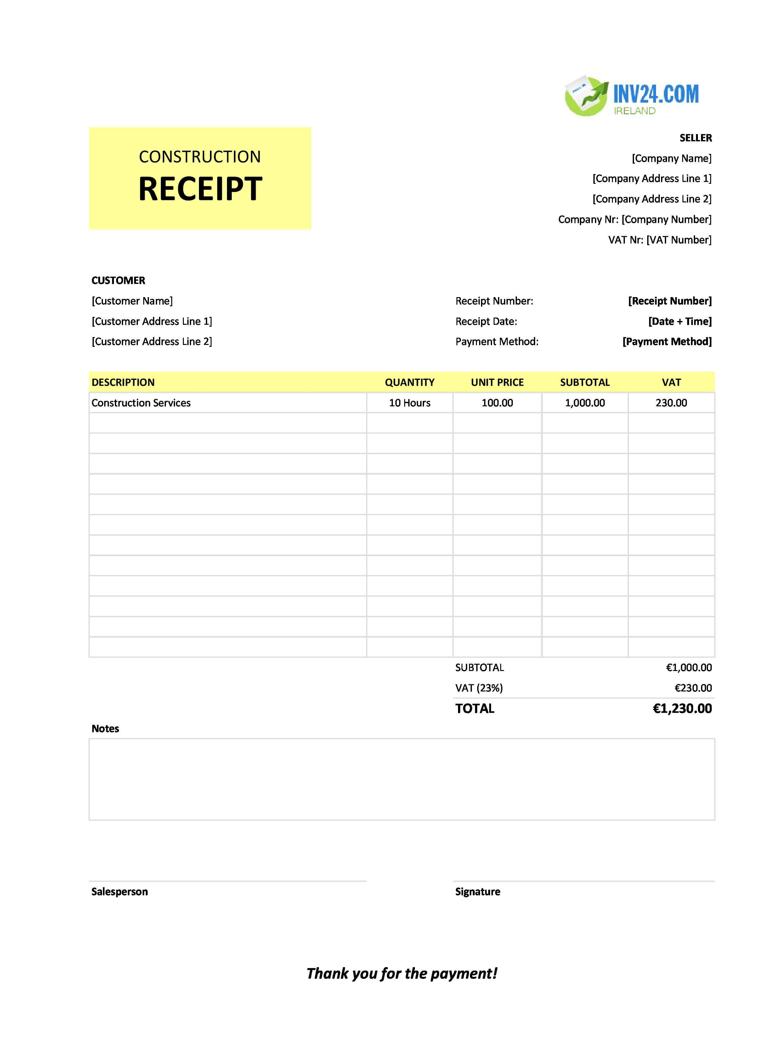 Construction Receipt Template for Ireland (Excel / Google Sheets)