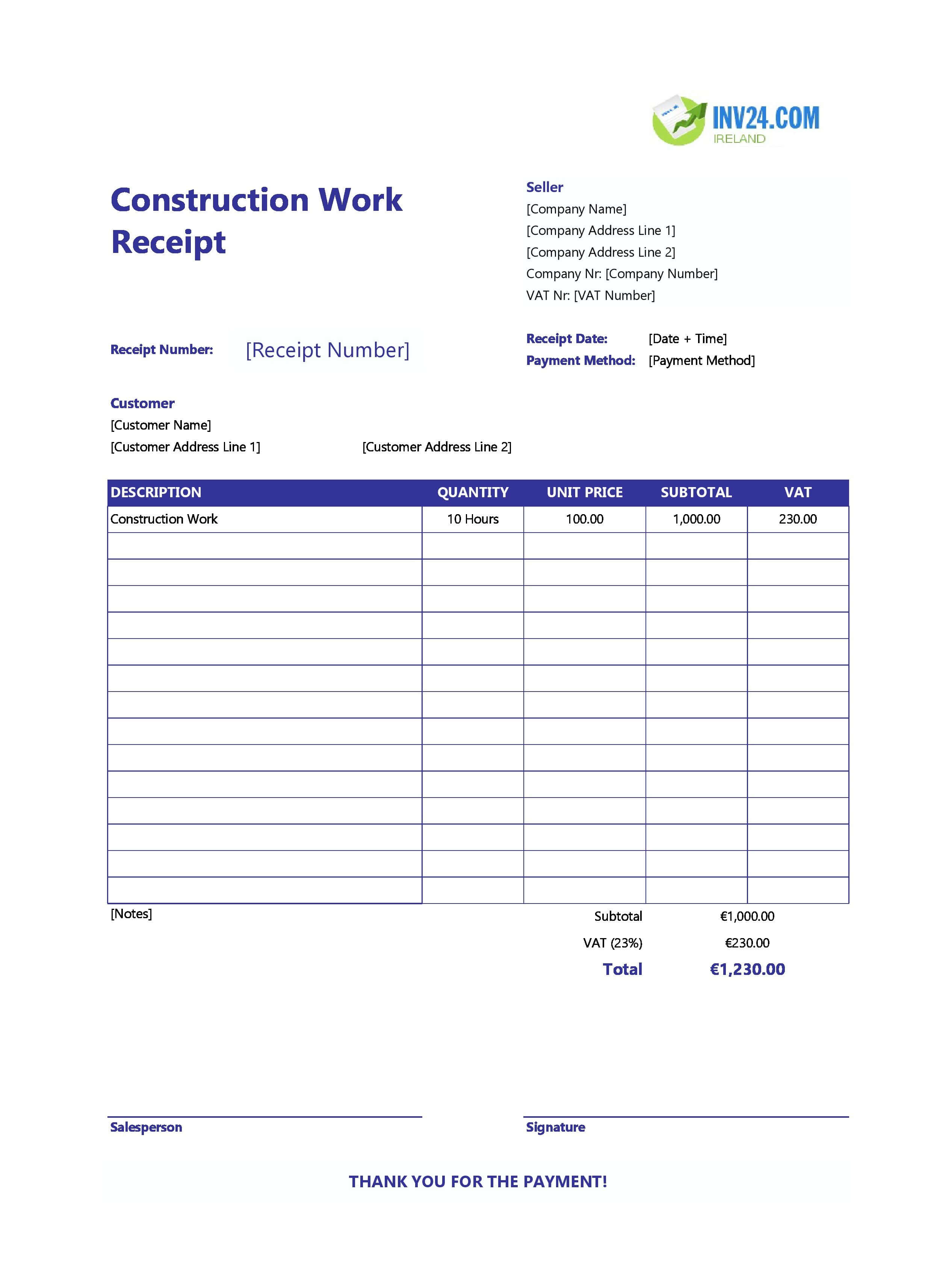 Construction Work Receipt Template for Ireland (Excel / Google Sheets)