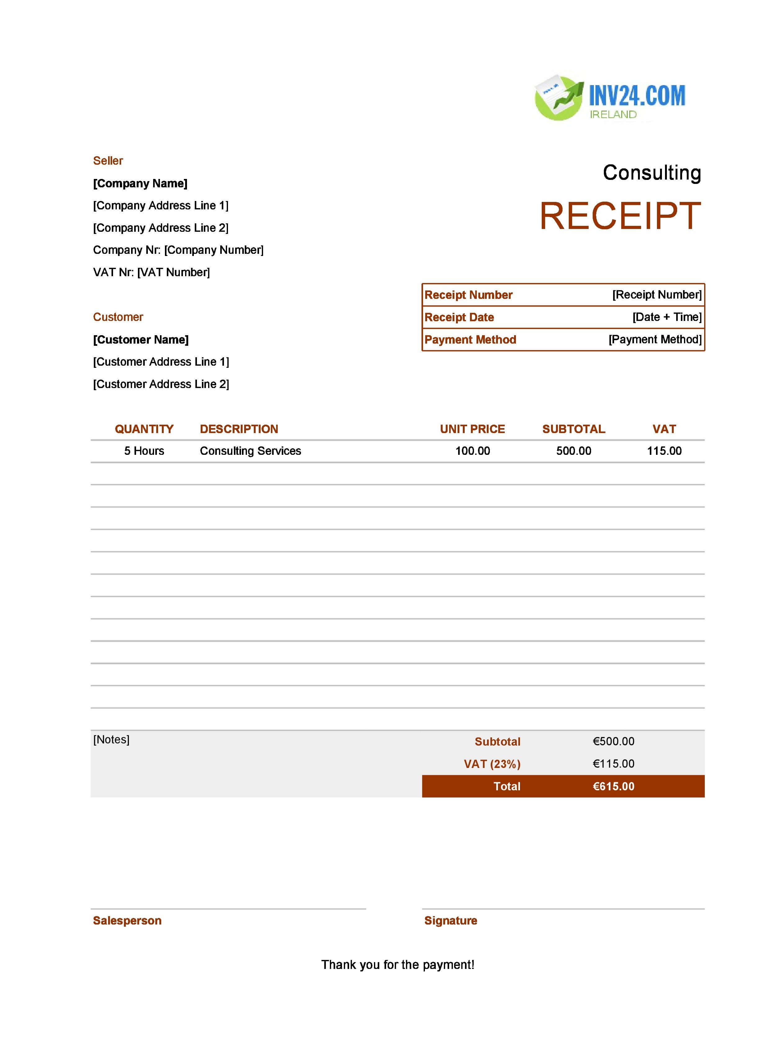 Consulting Receipt Template for Ireland (Excel / Google Sheets)