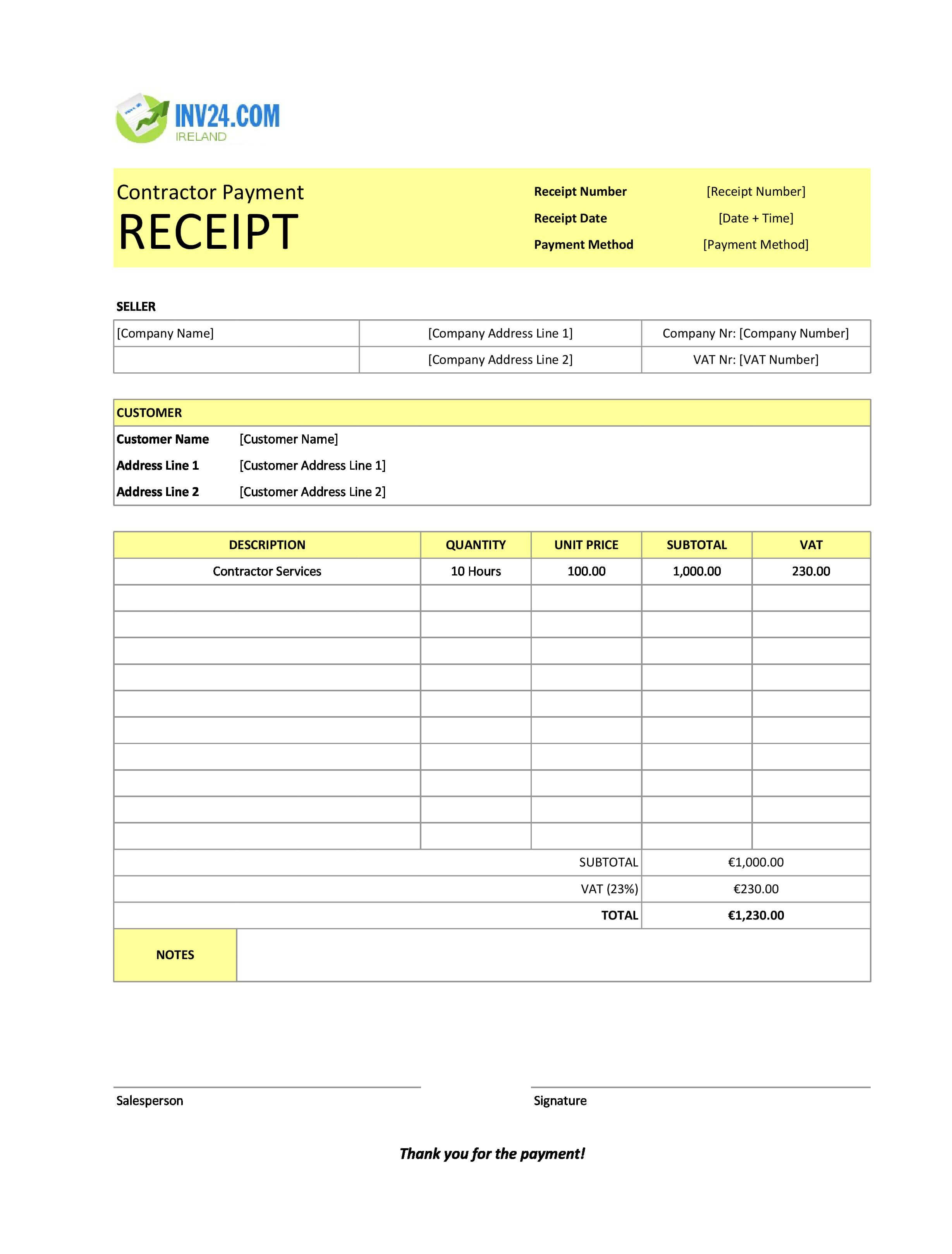 Contractor Payment Receipt Template for Ireland (Excel / Google Sheets)