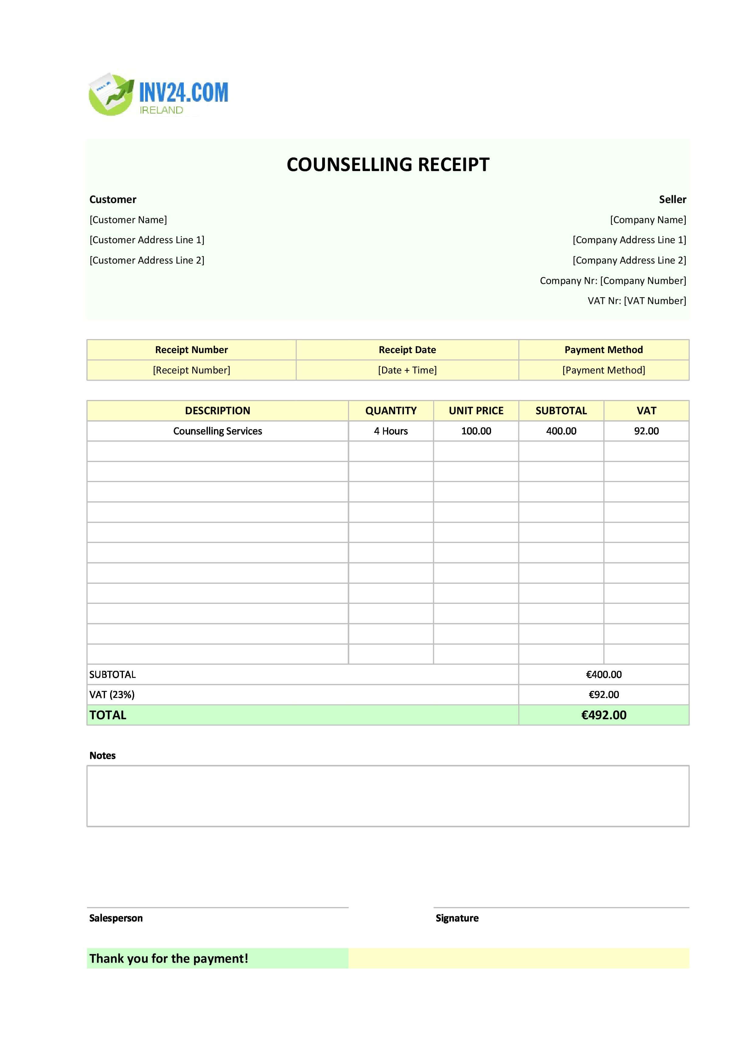 Counselling Receipt Template for Ireland (Excel / Google Sheets)