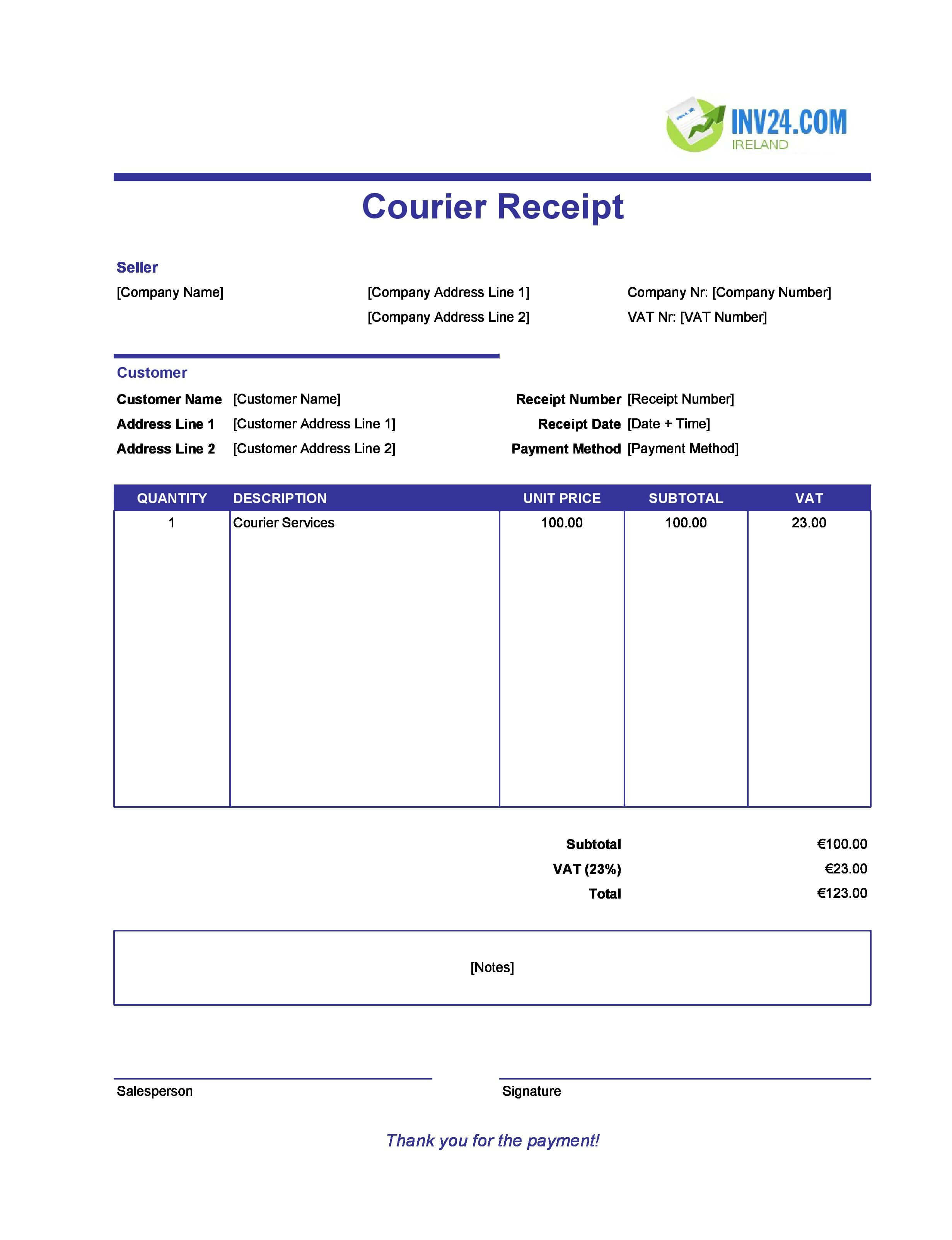 Courier Receipt Template for Ireland (Excel / Google Sheets)