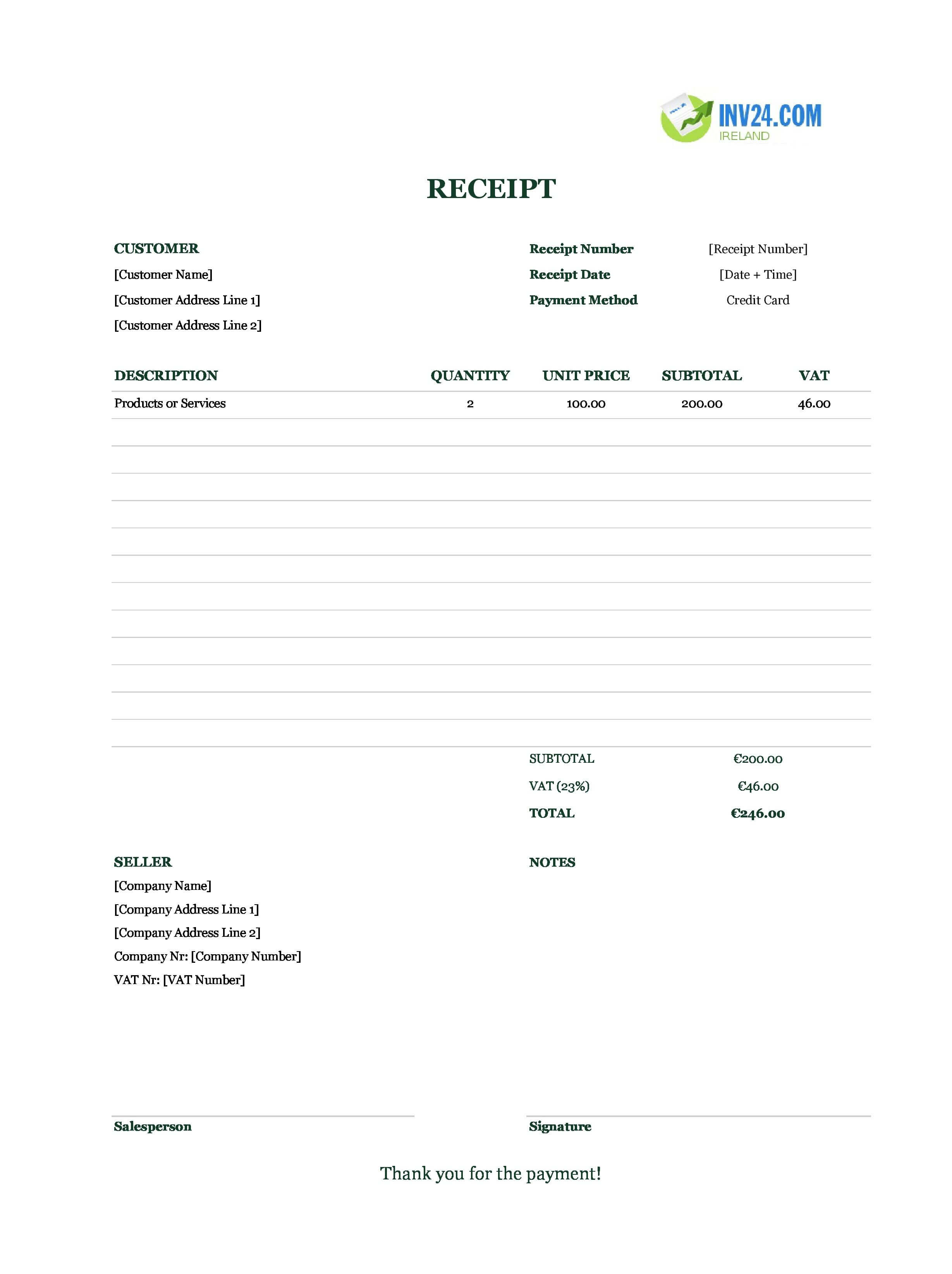 Credit Card Receipt Template for Ireland (Excel / Google Sheets)