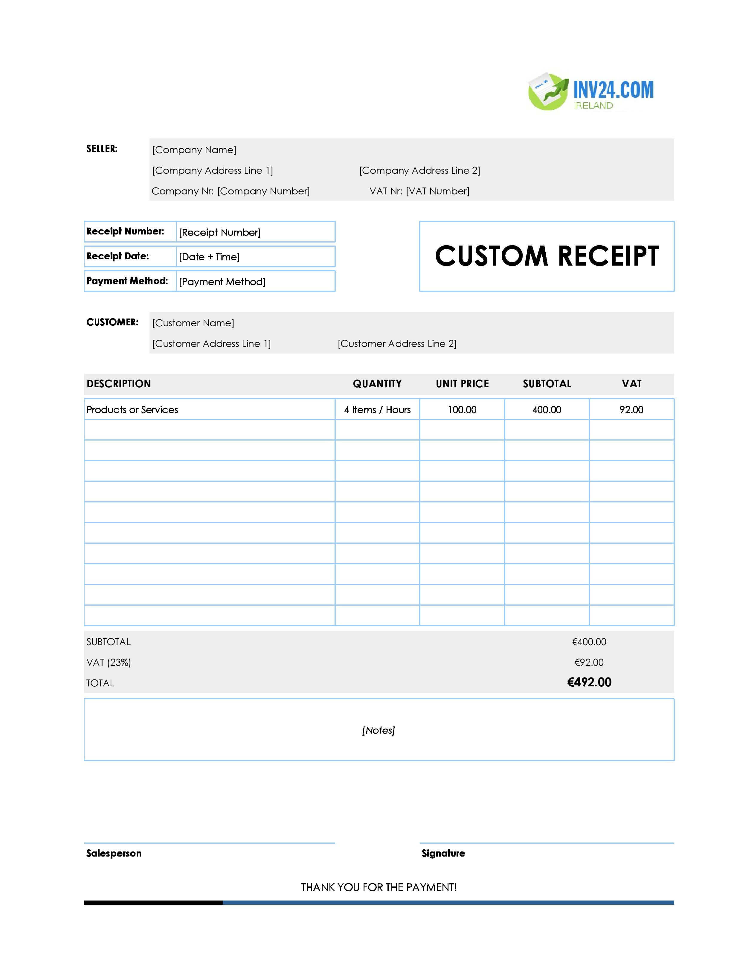 Custom Receipt Template for Ireland (Excel / Google Sheets)