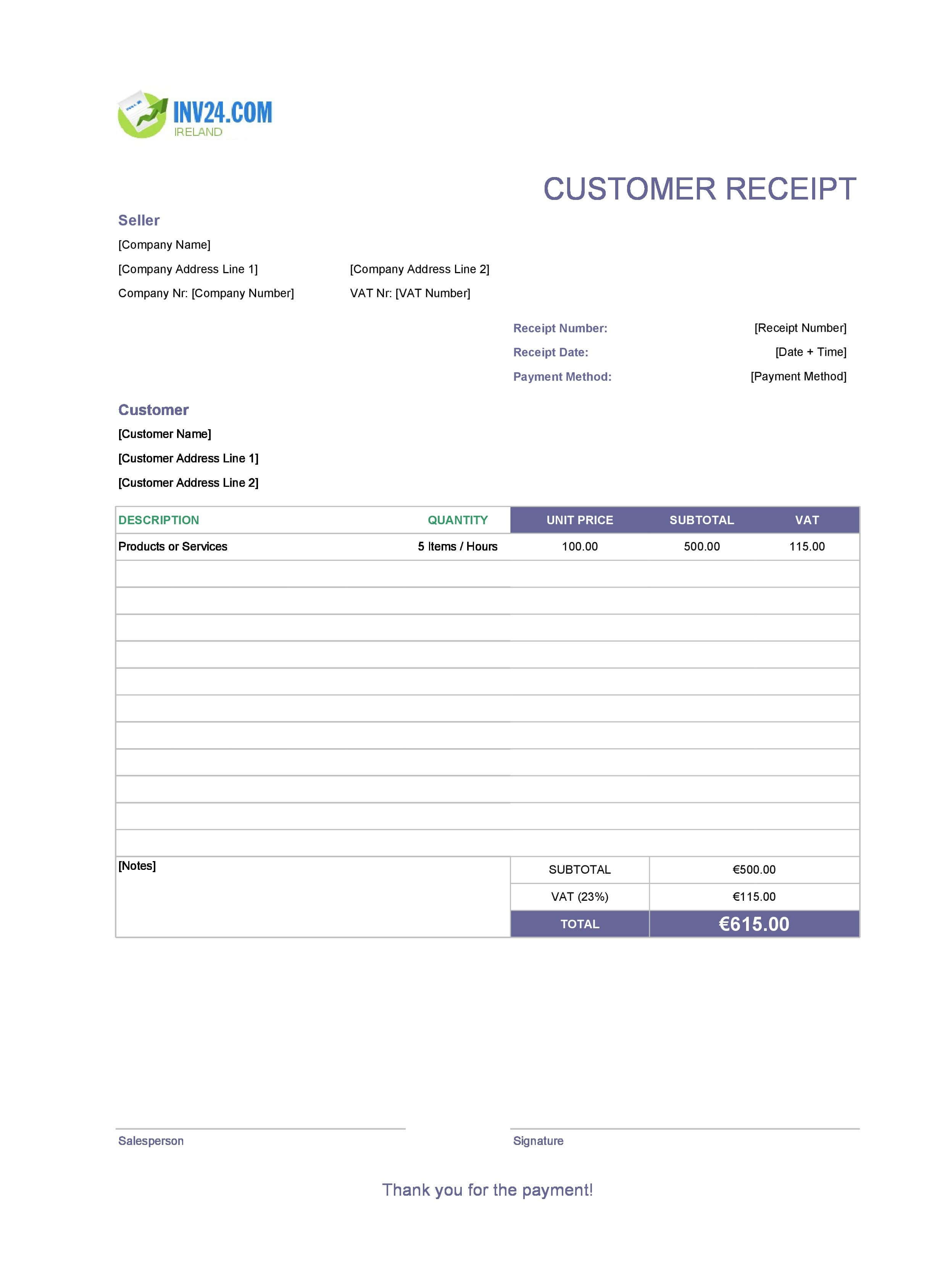 Customer Receipt Template for Ireland (Excel / Google Sheets)