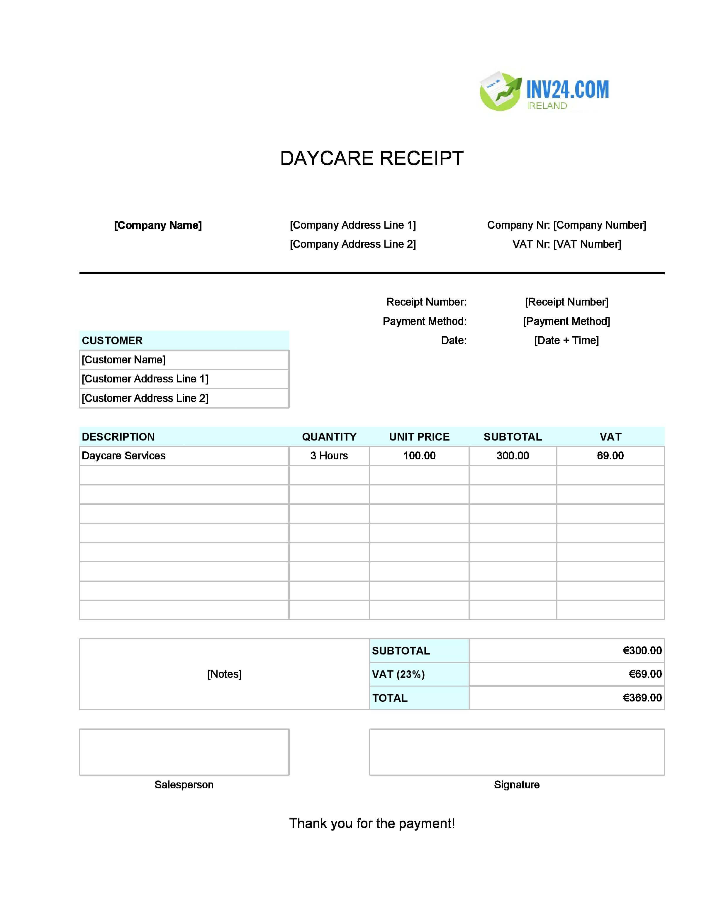Daycare Receipt Template for Ireland (Excel / Google Sheets)