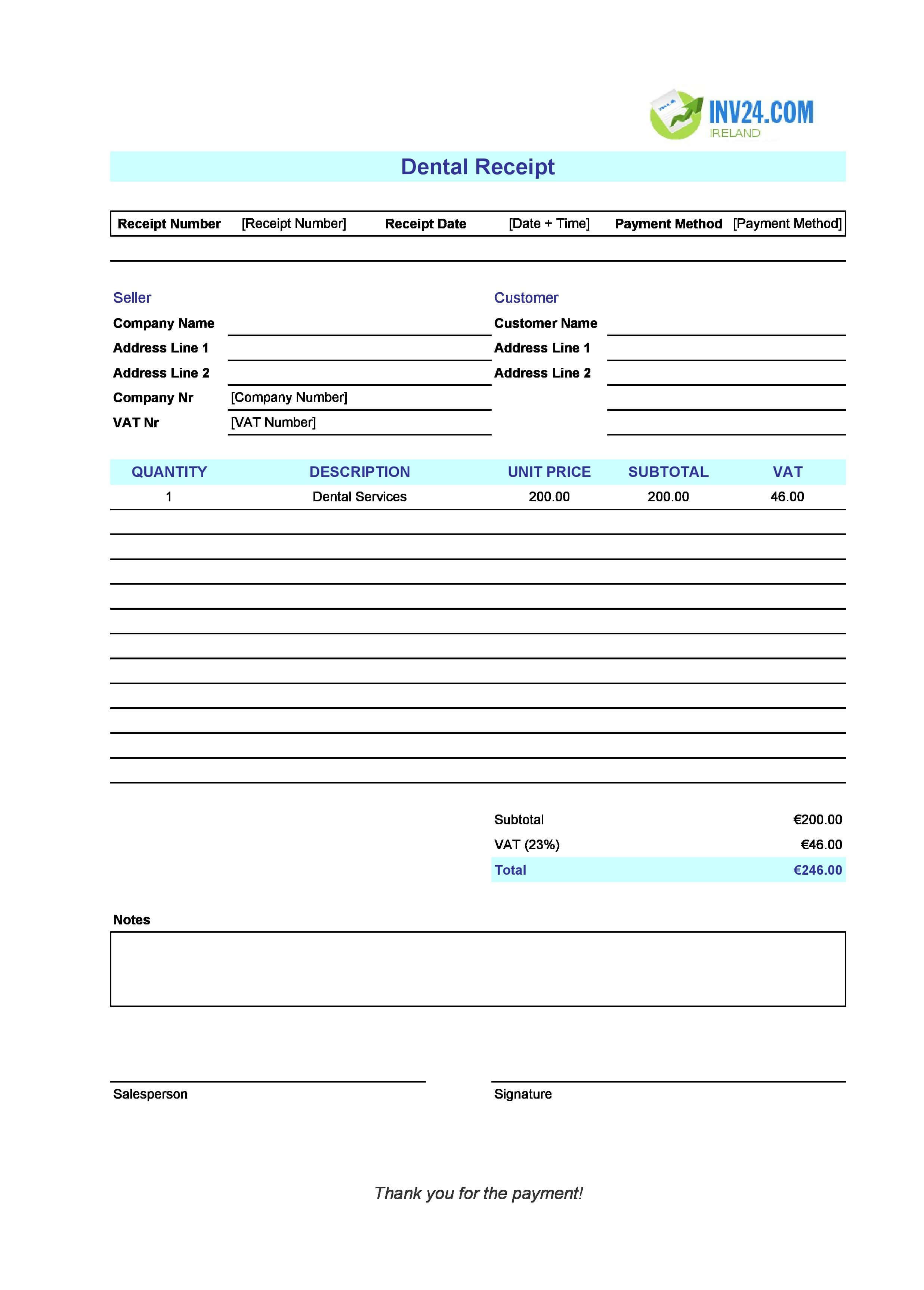 Dental Receipt Template for Ireland (Excel / Google Sheets)