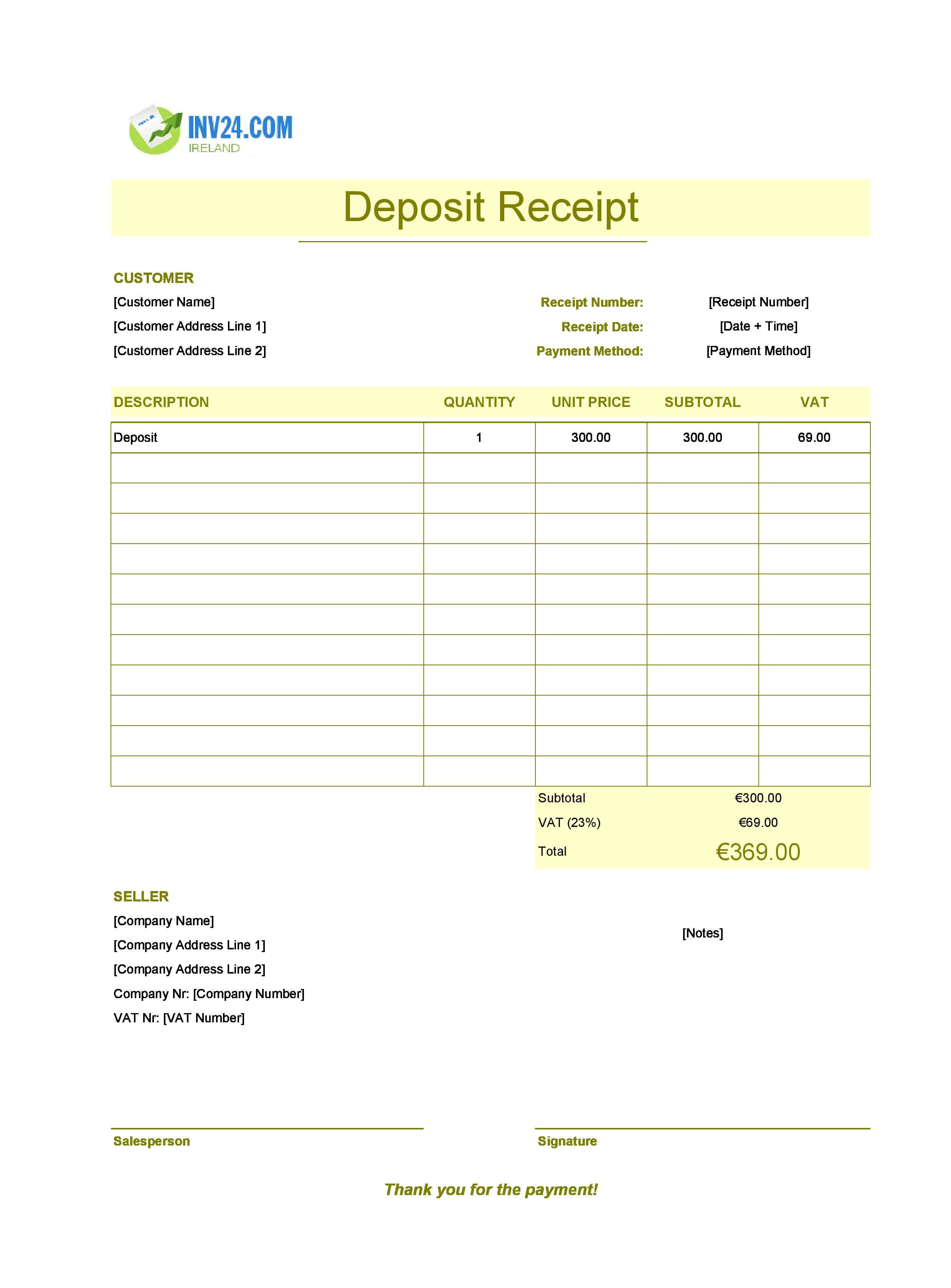 Deposit Receipt Template for Ireland (Excel / Google Sheets)