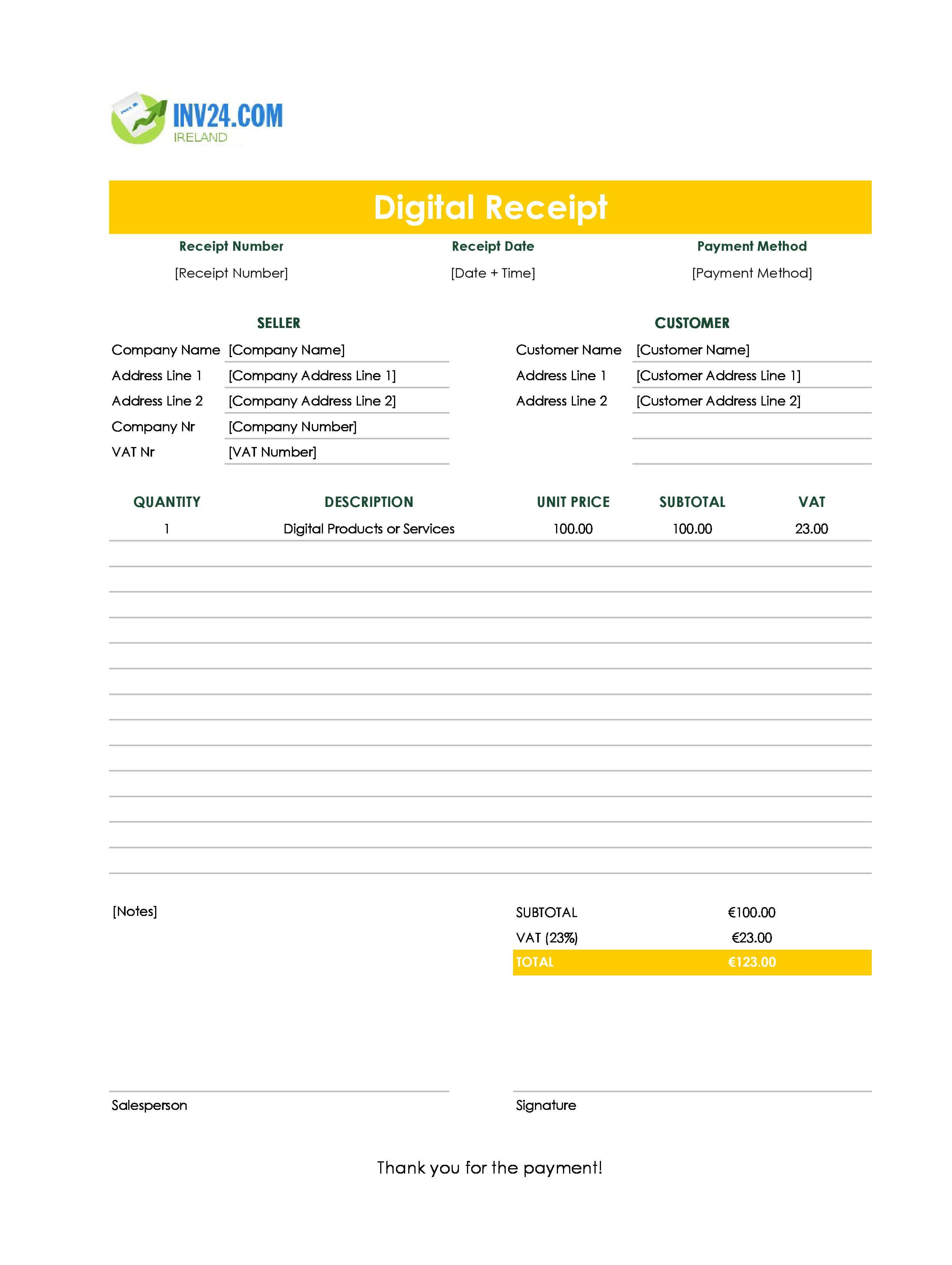 Digital Receipt Template for Ireland (Excel / Google Sheets)