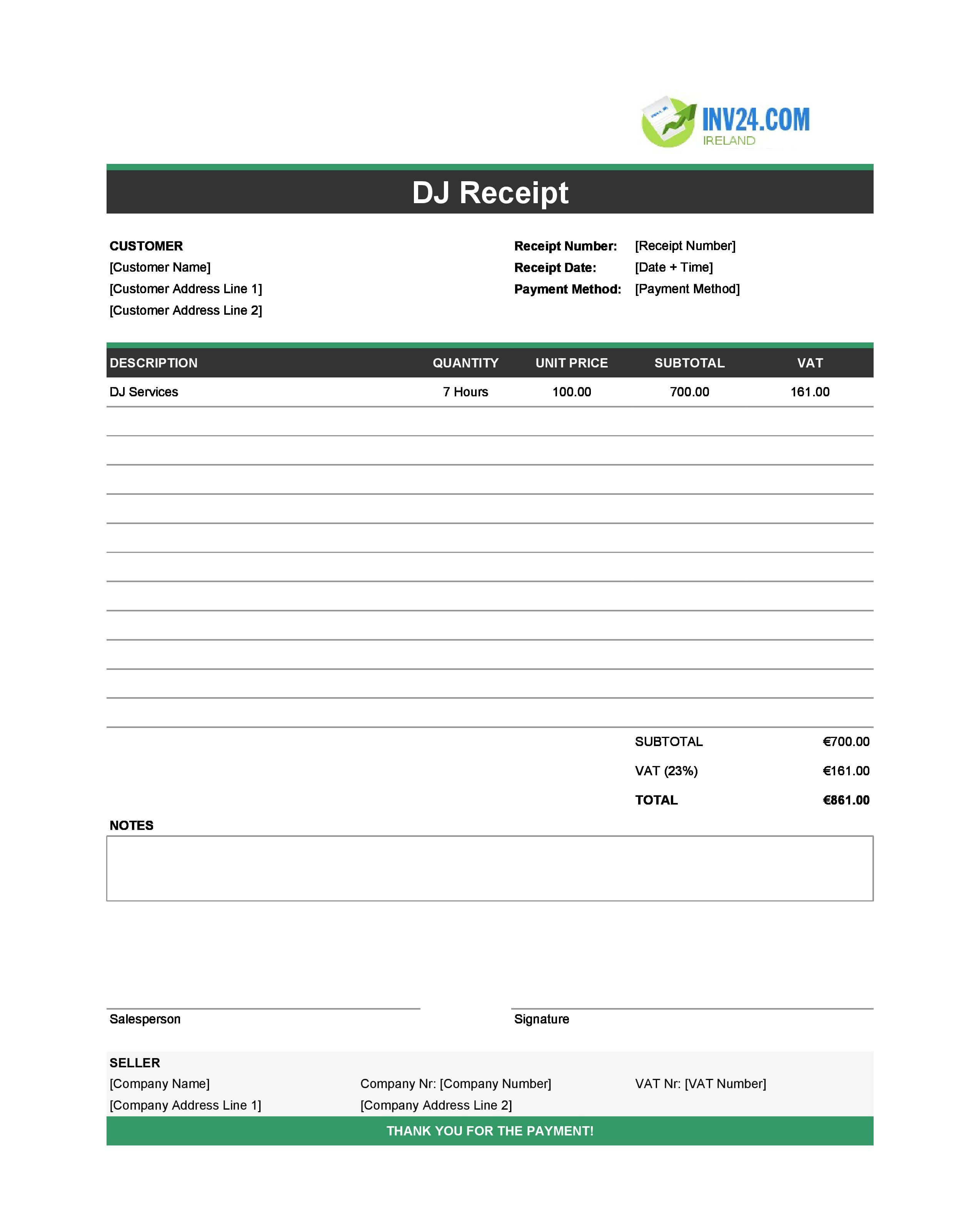 DJ Receipt Template for Ireland (Excel / Google Sheets)
