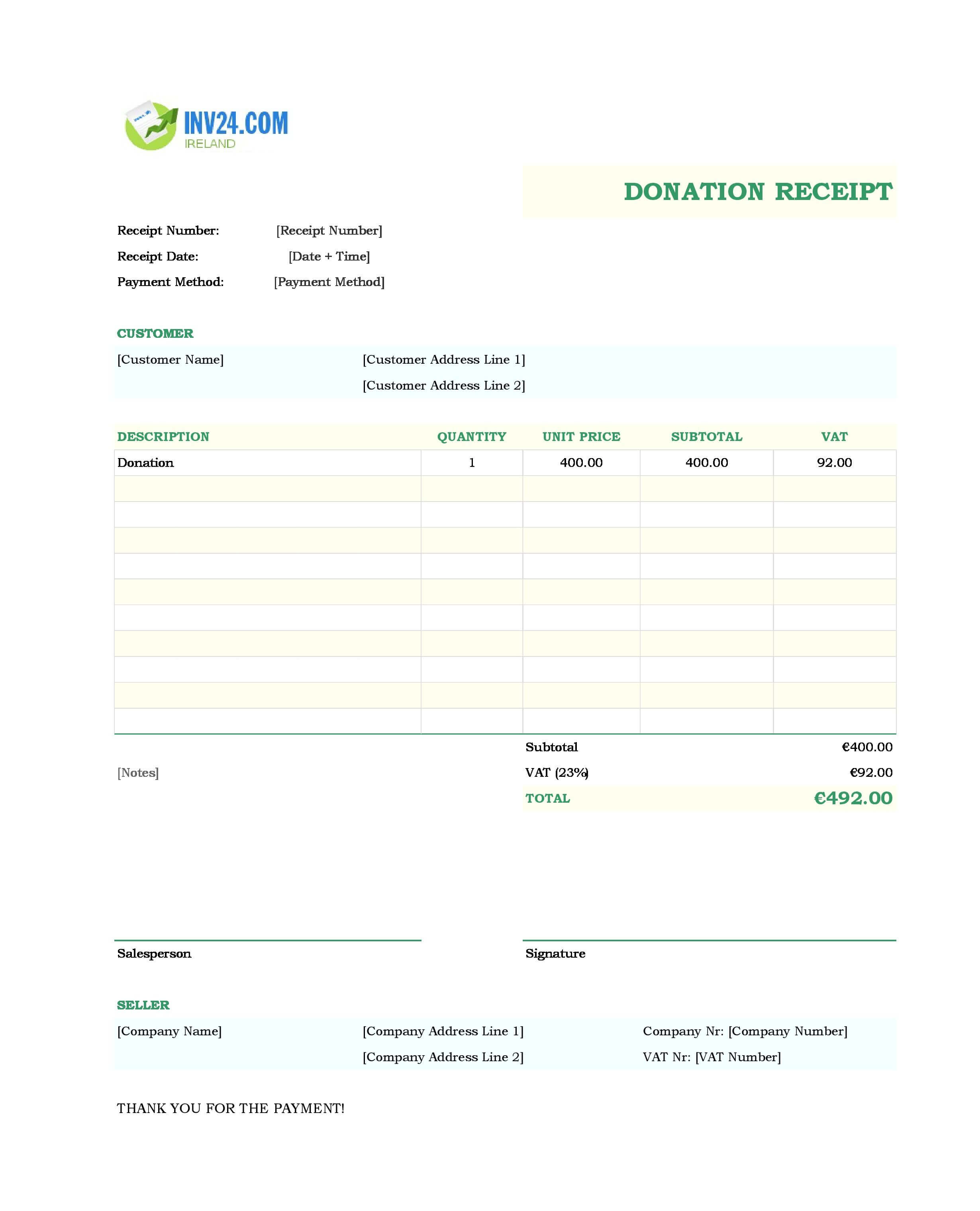 Donation Receipt Template for Ireland (Excel / Google Sheets)