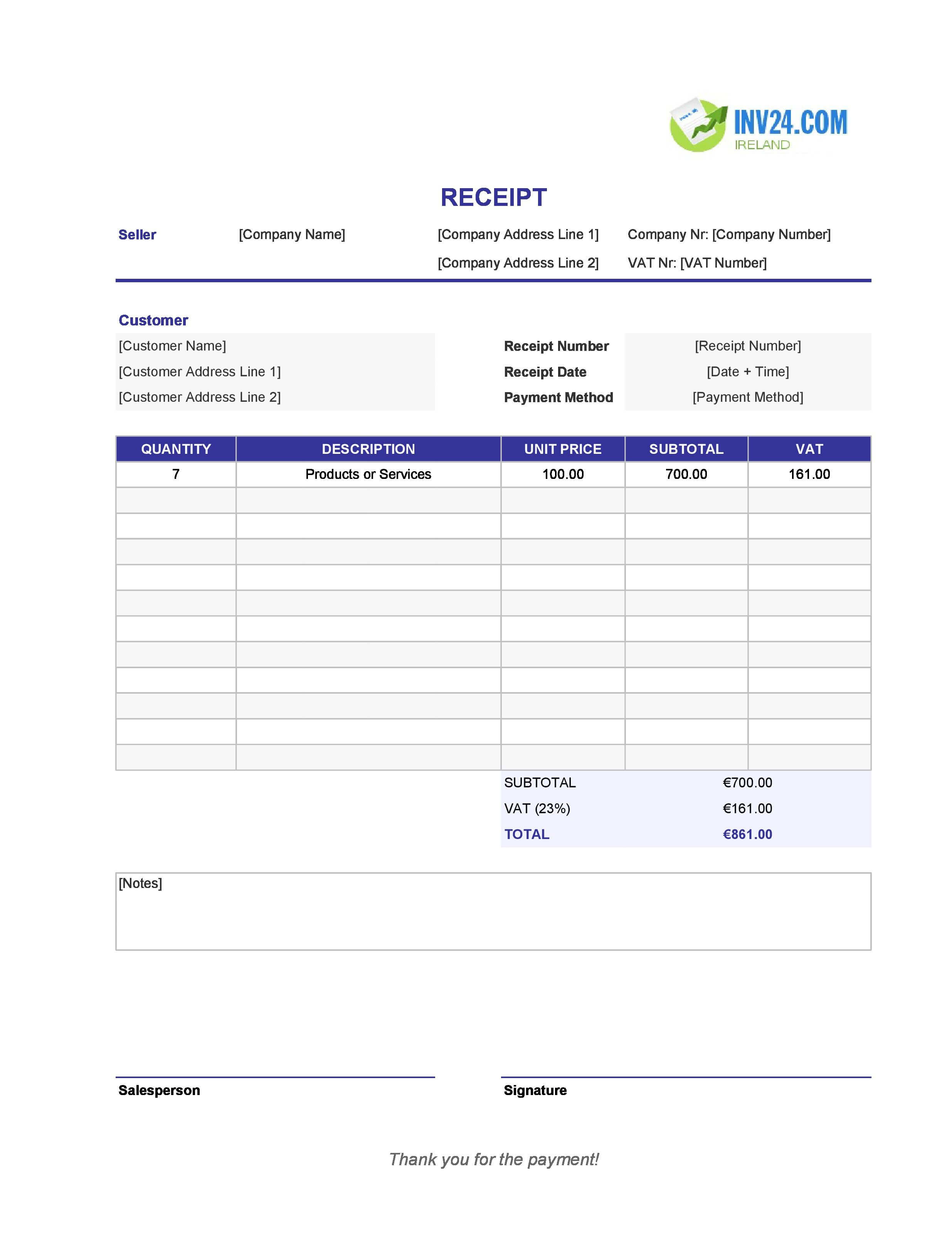 Downloadable Receipt Template for Ireland (Excel / Google Sheets)