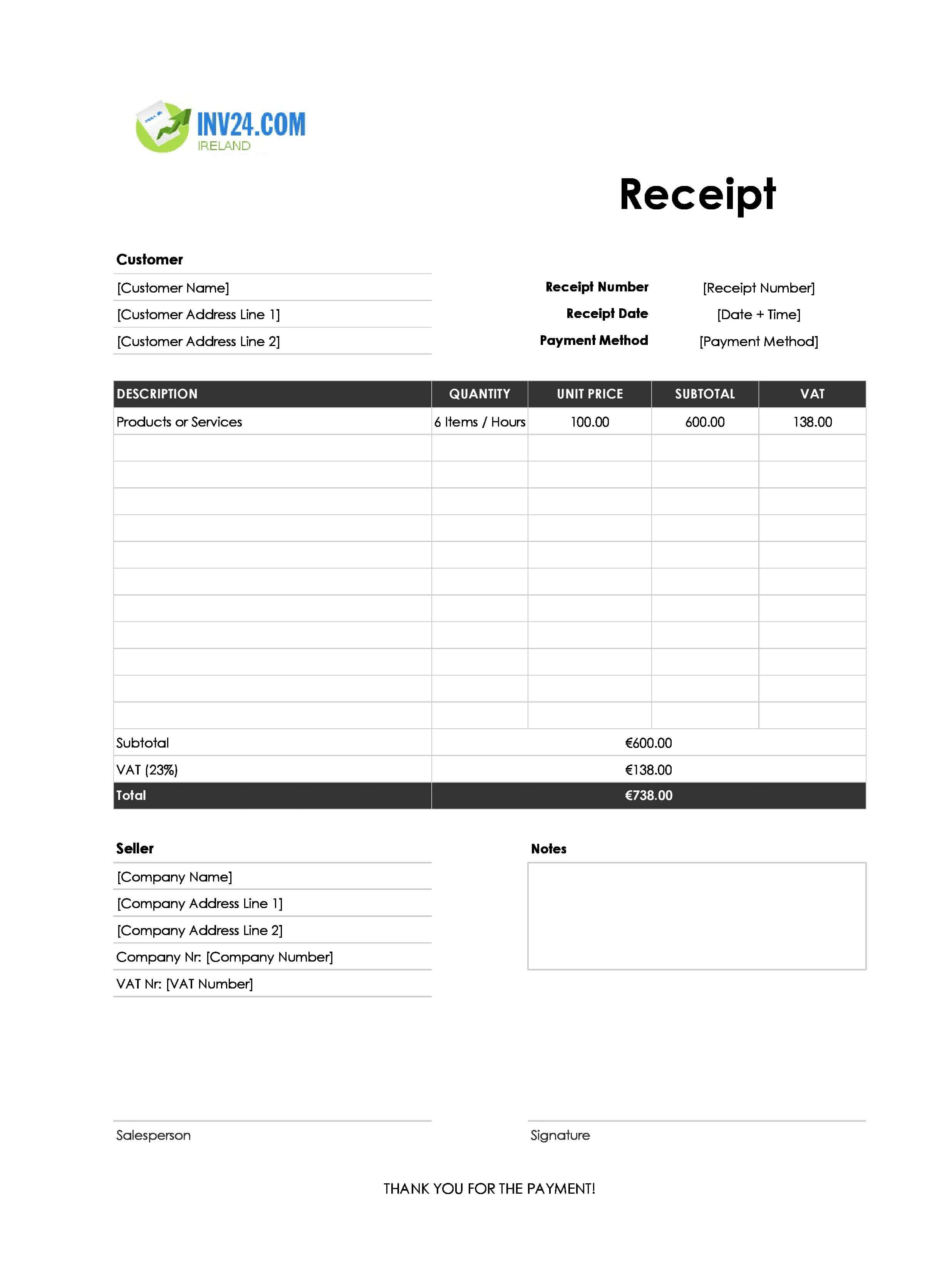 Easy Receipt Template for Ireland (Excel / Google Sheets)