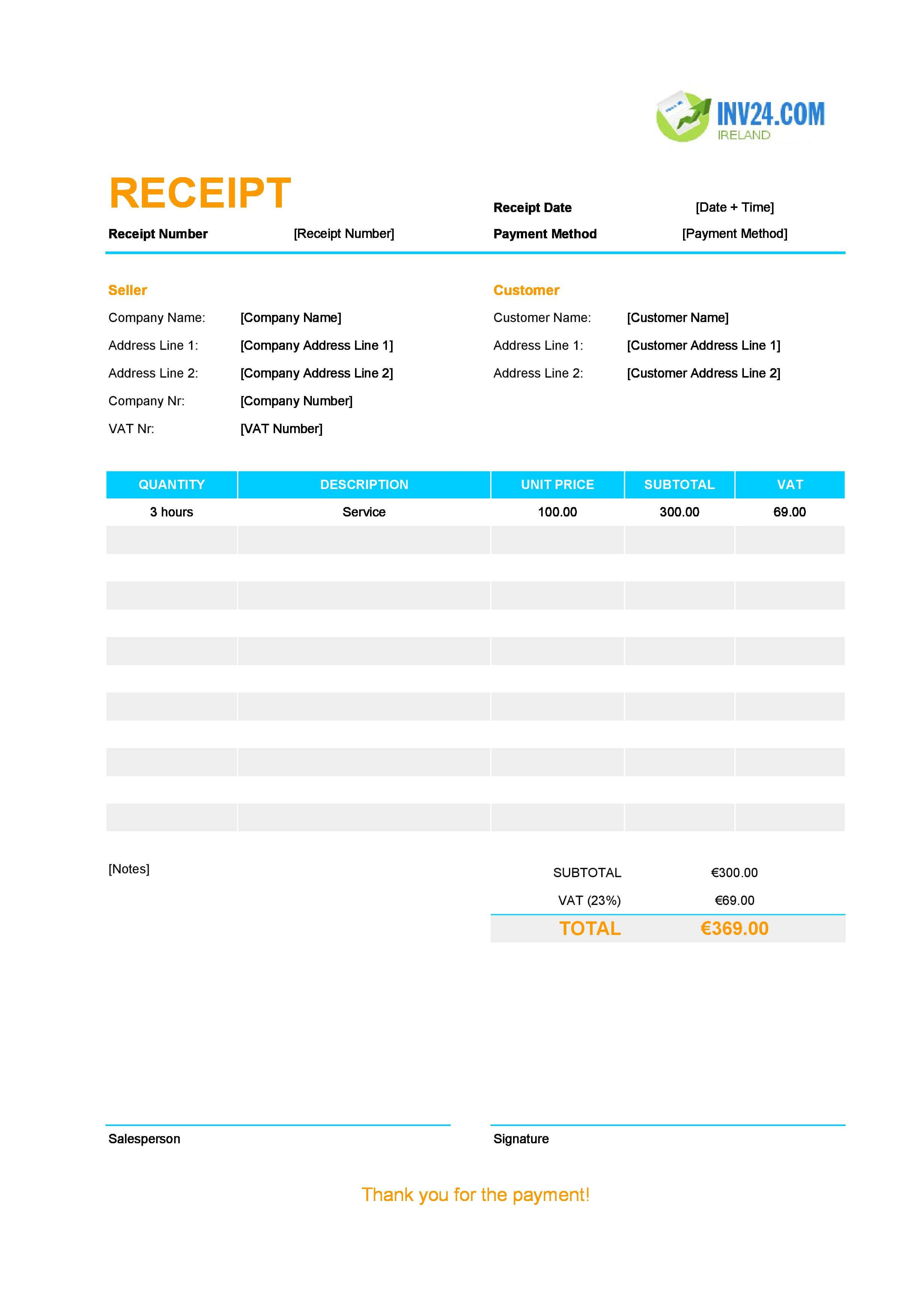 Editable Receipt Template for Ireland (Excel / Google Sheets)