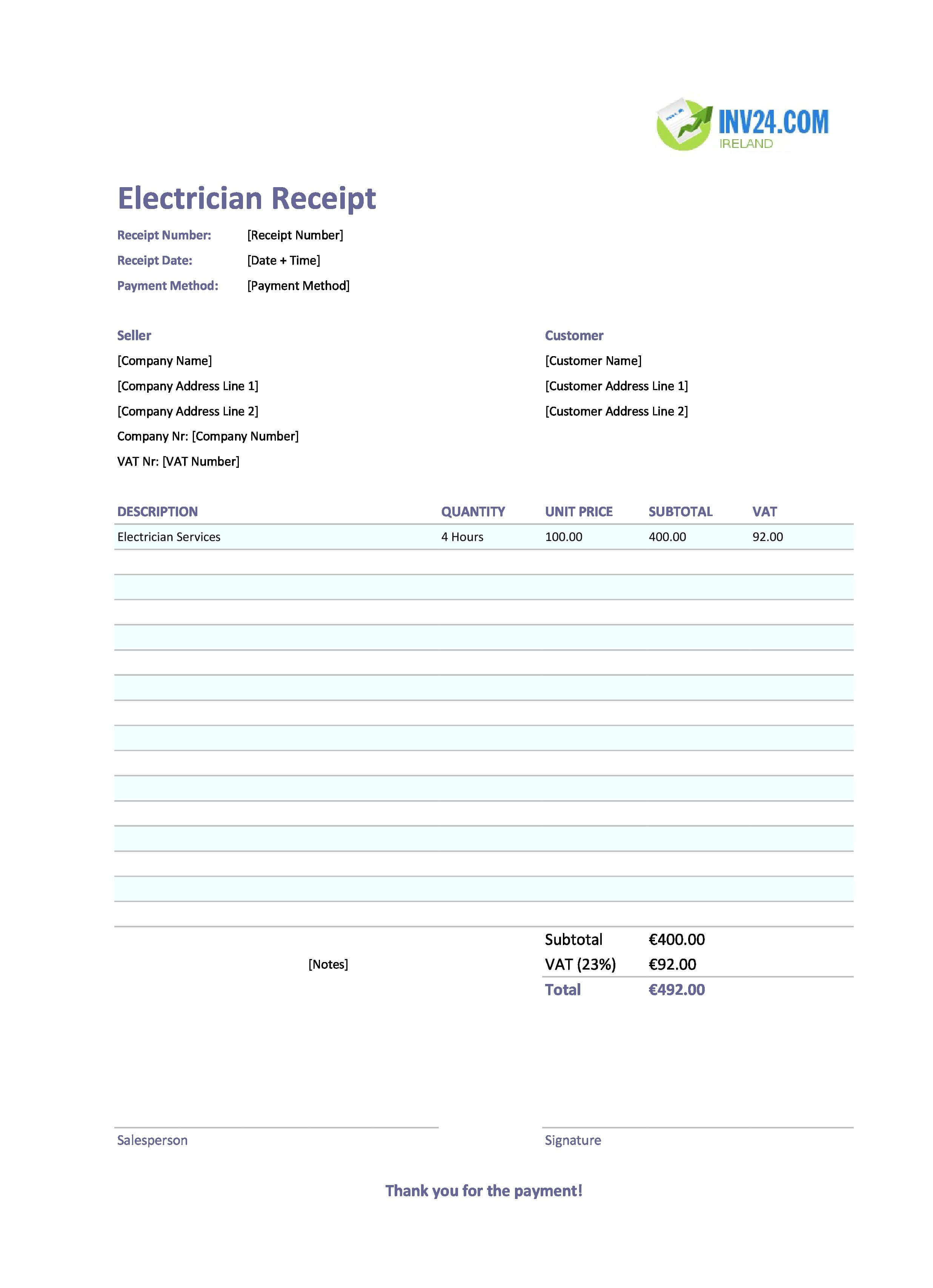 Electrician Receipt Template for Ireland (Excel / Google Sheets)