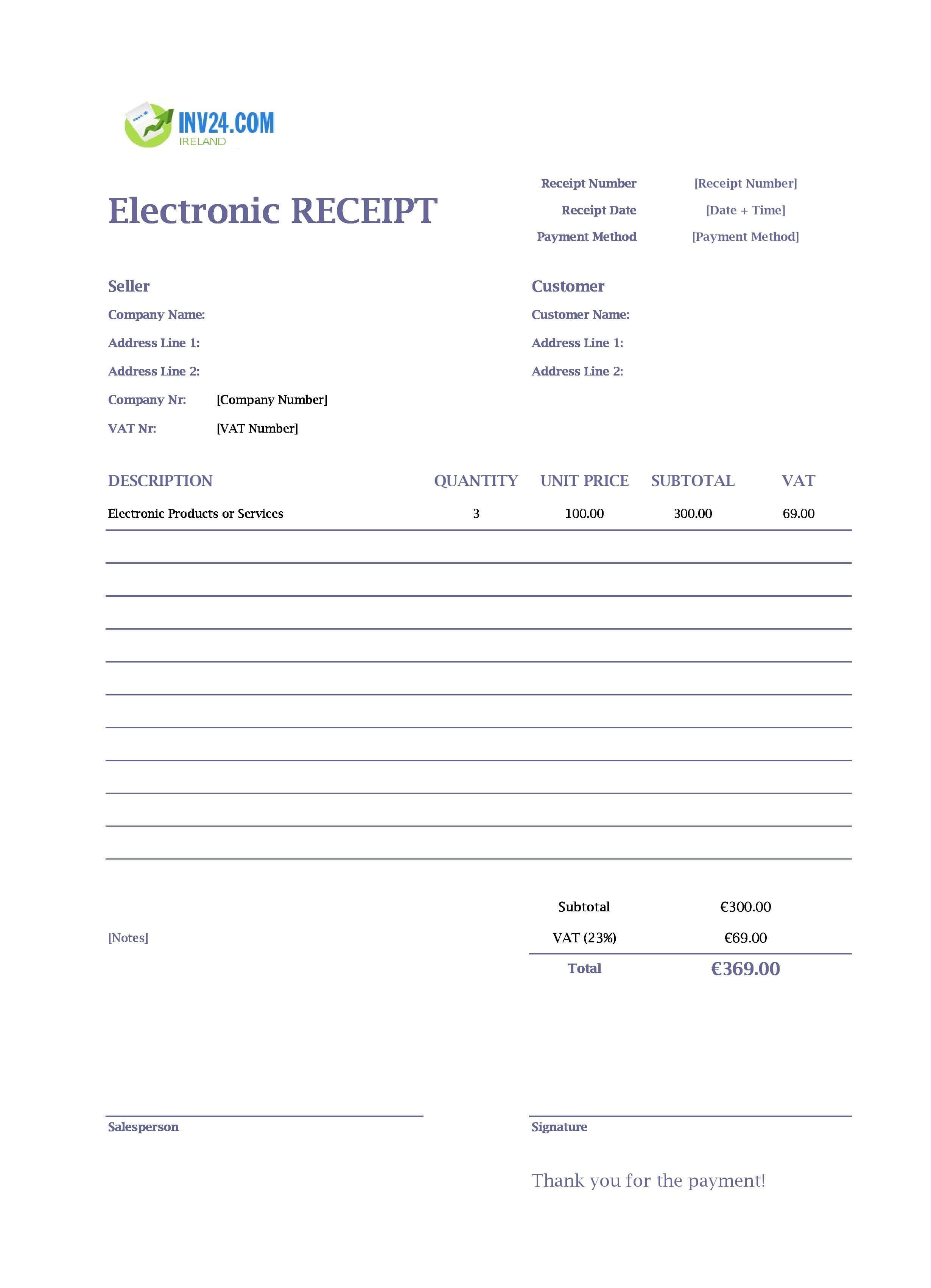 Electronic Receipt Template for Ireland (Excel / Google Sheets)