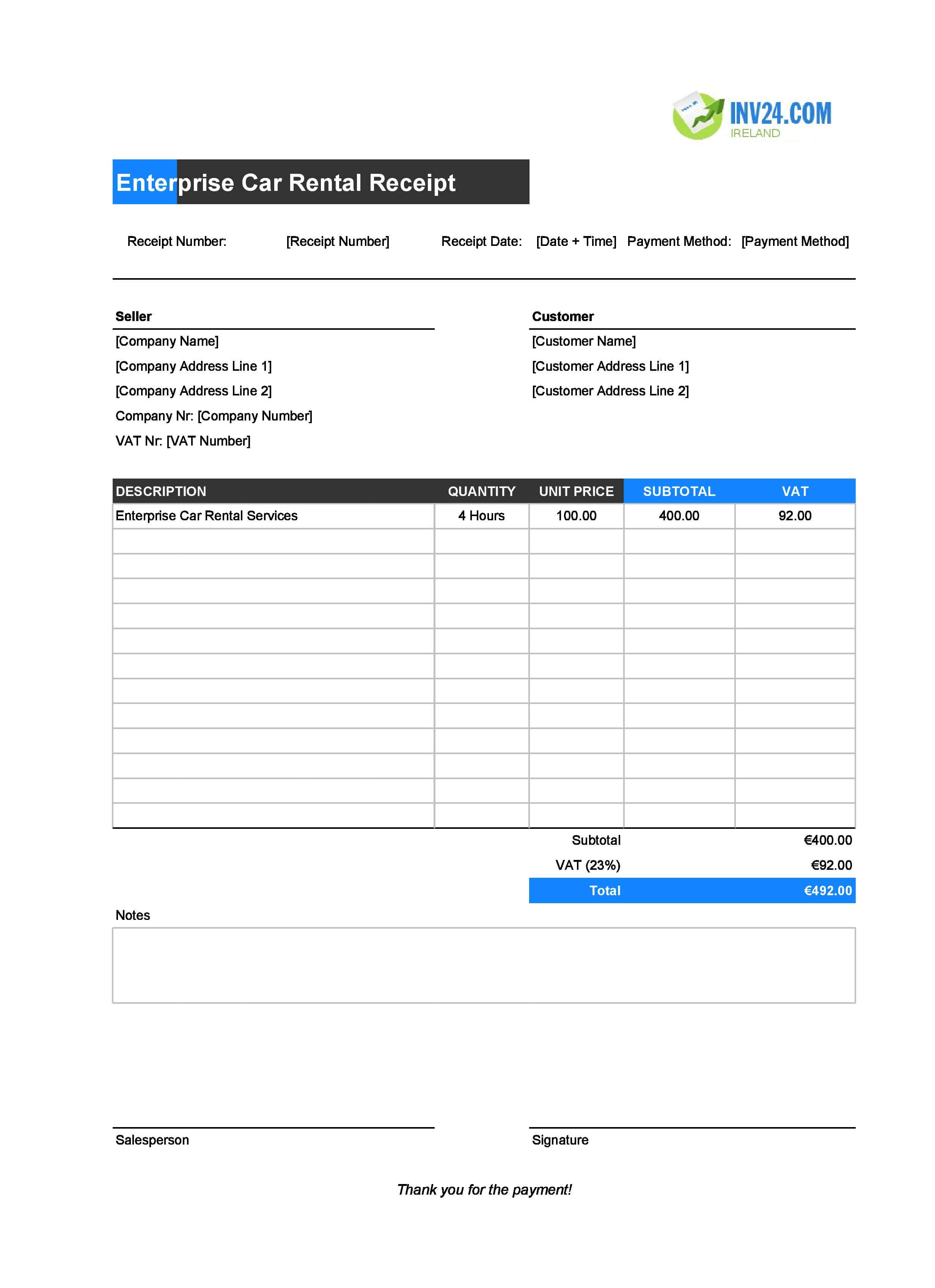 Enterprise Car Rental Receipt Template for Ireland (Excel / Google Sheets)