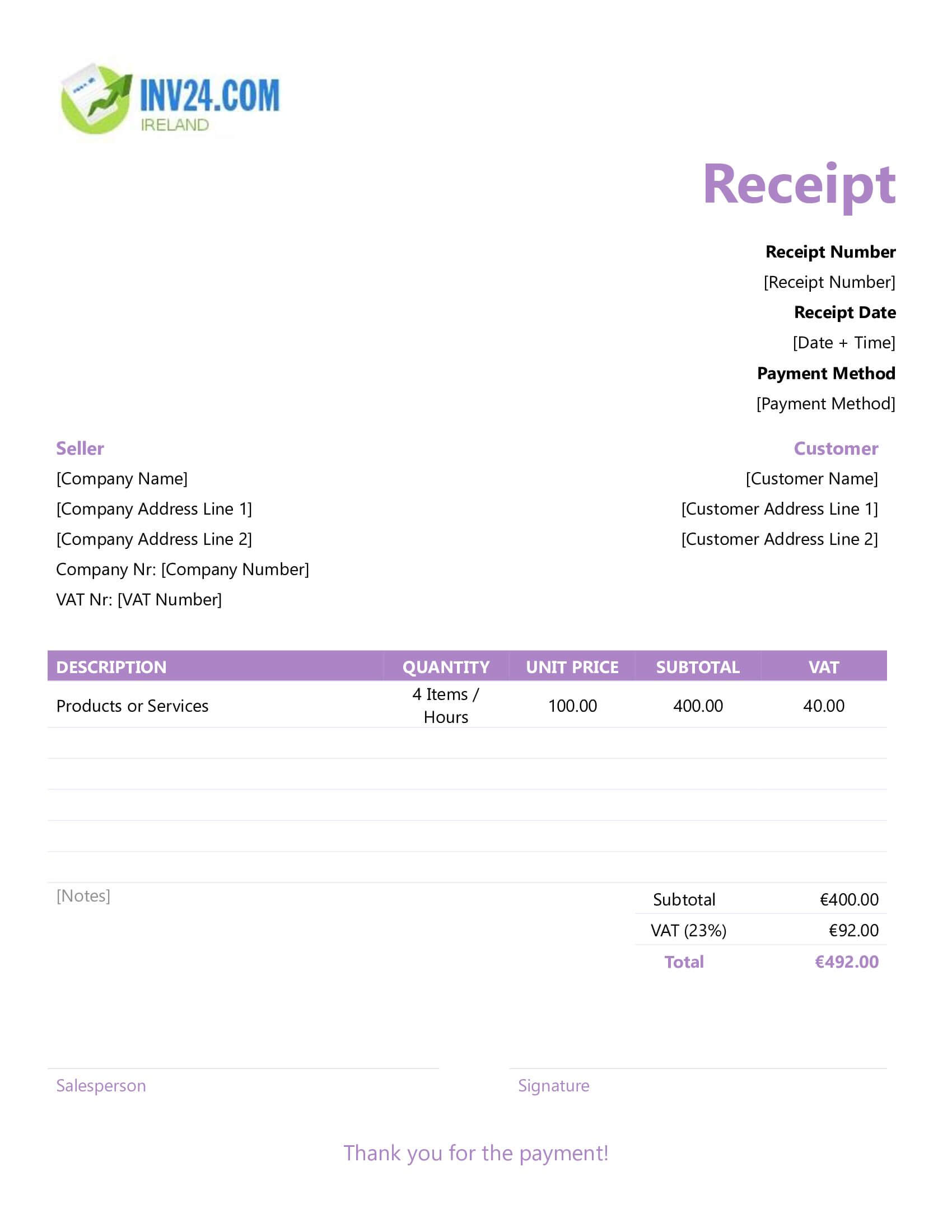 Fillable Receipt Template for Ireland (Word / Google Docs)