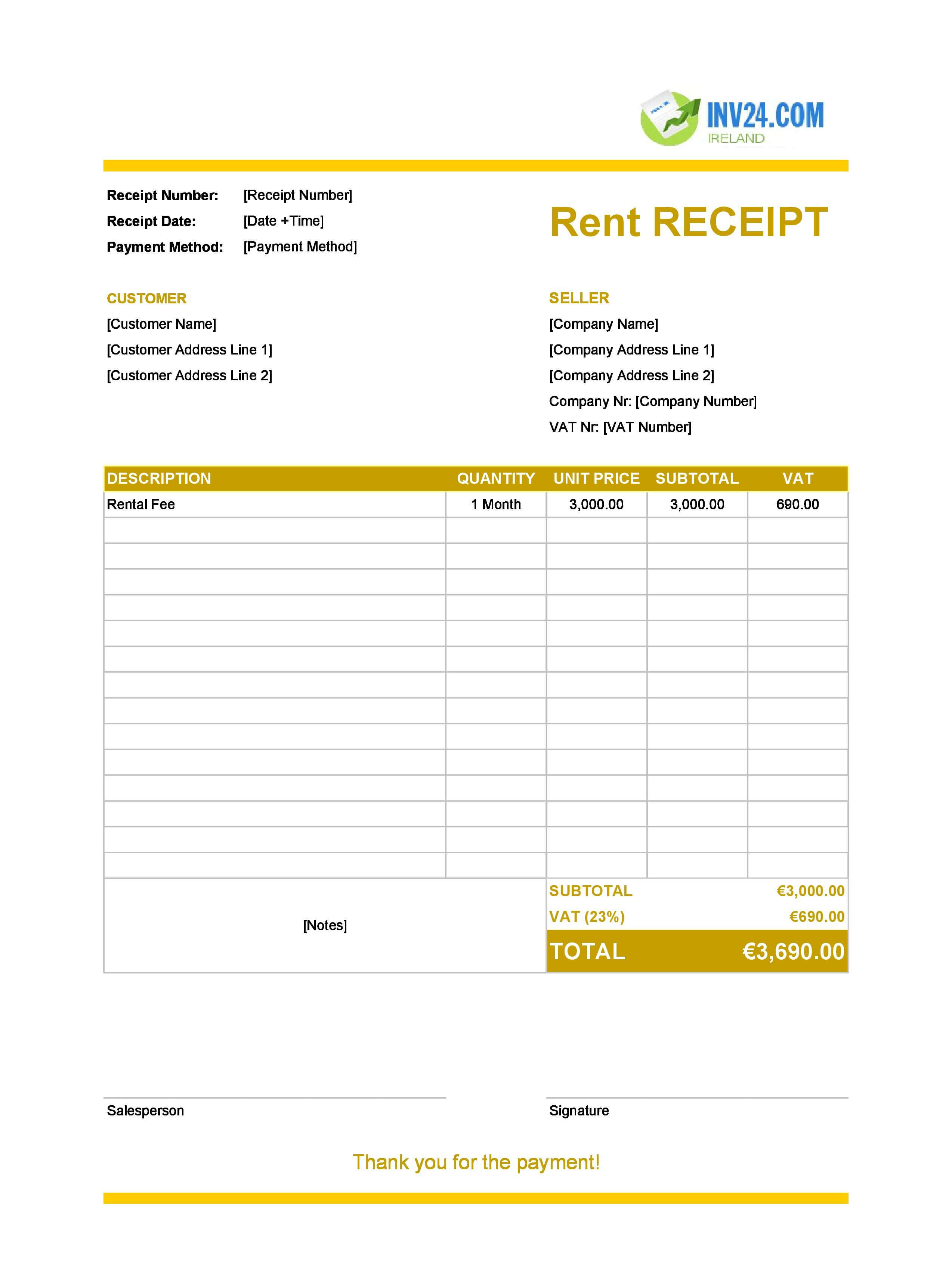 Fillable Rent Receipt Template for Ireland (Excel / Google Sheets)