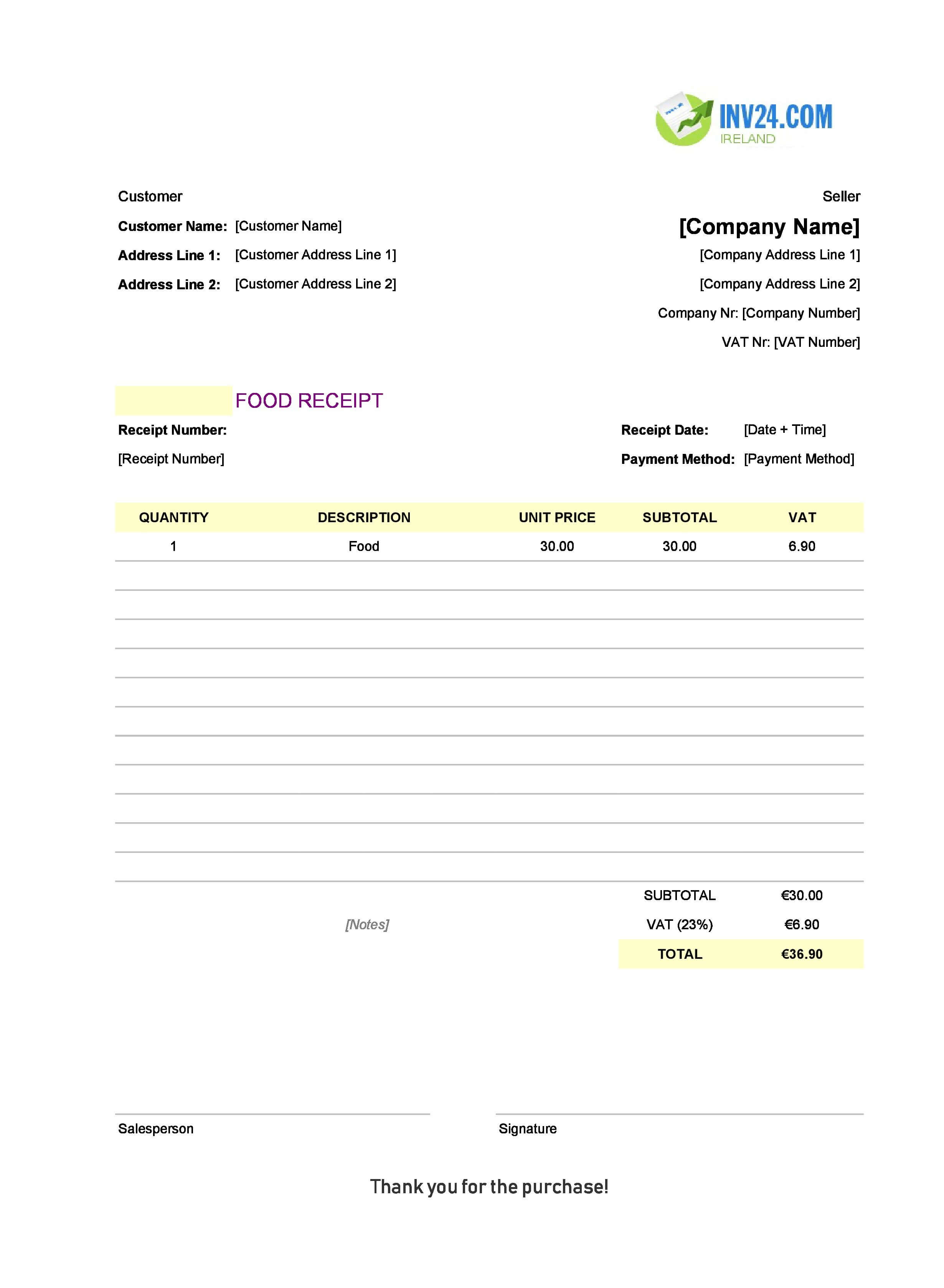 Food Receipt Template for Ireland (Excel / Google Sheets)