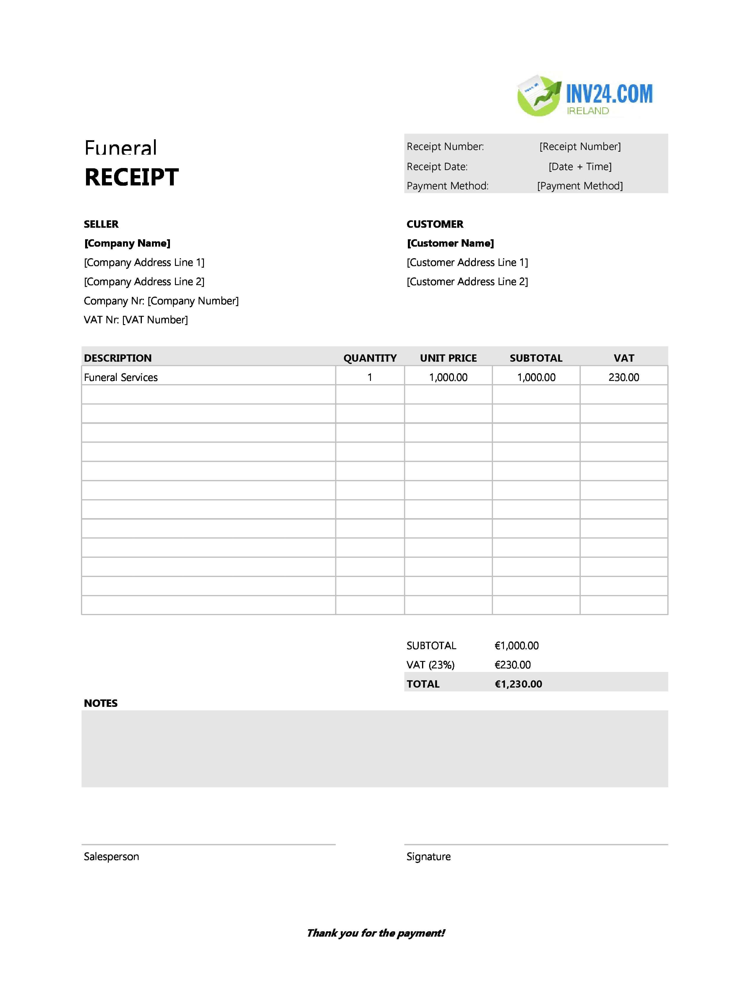 Funeral Receipt Template for Ireland (Excel / Google Sheets)