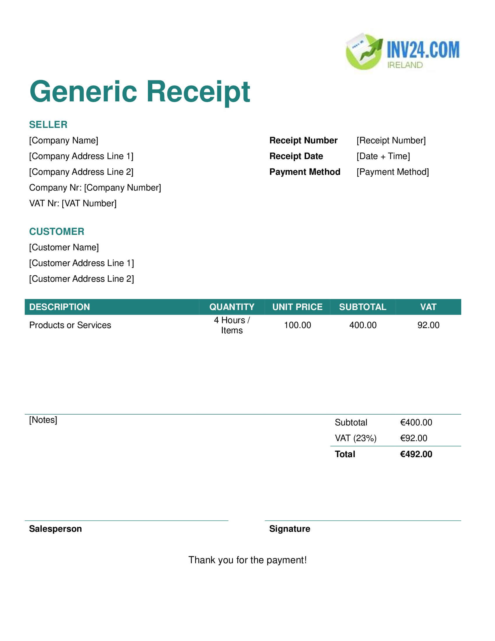 Generic Receipt Template for Ireland (Word / Google Docs)