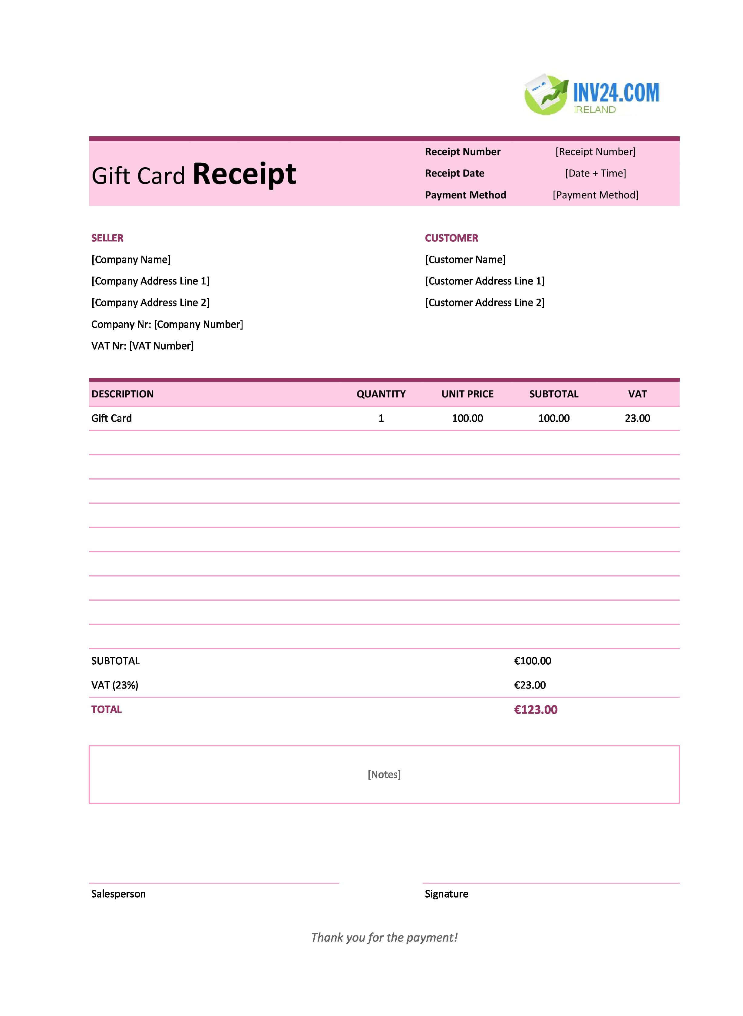 Gift Card Receipt Template for Ireland (Excel / Google Sheets)