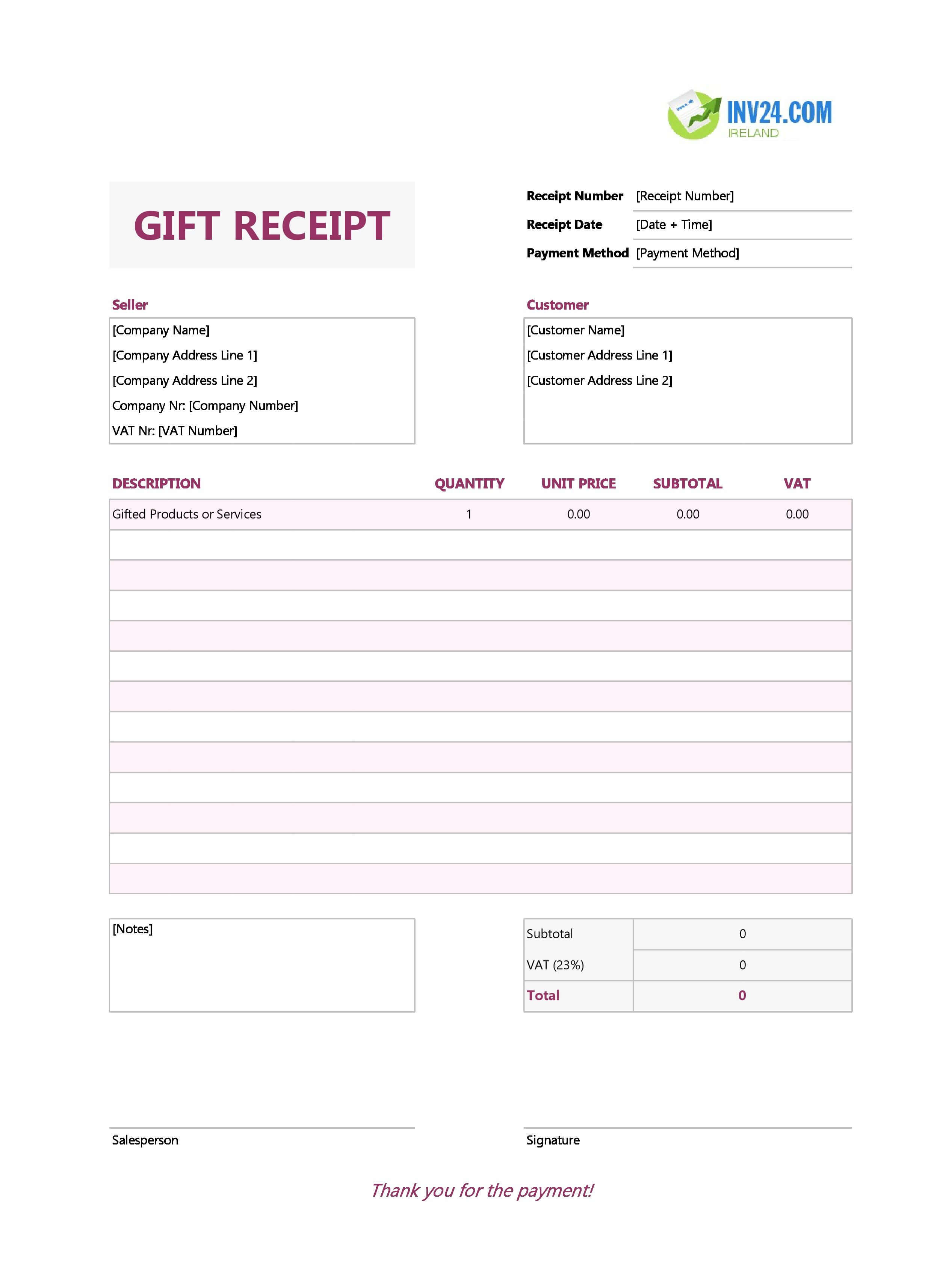 Gift Receipt Template for Ireland (Excel / Google Sheets)