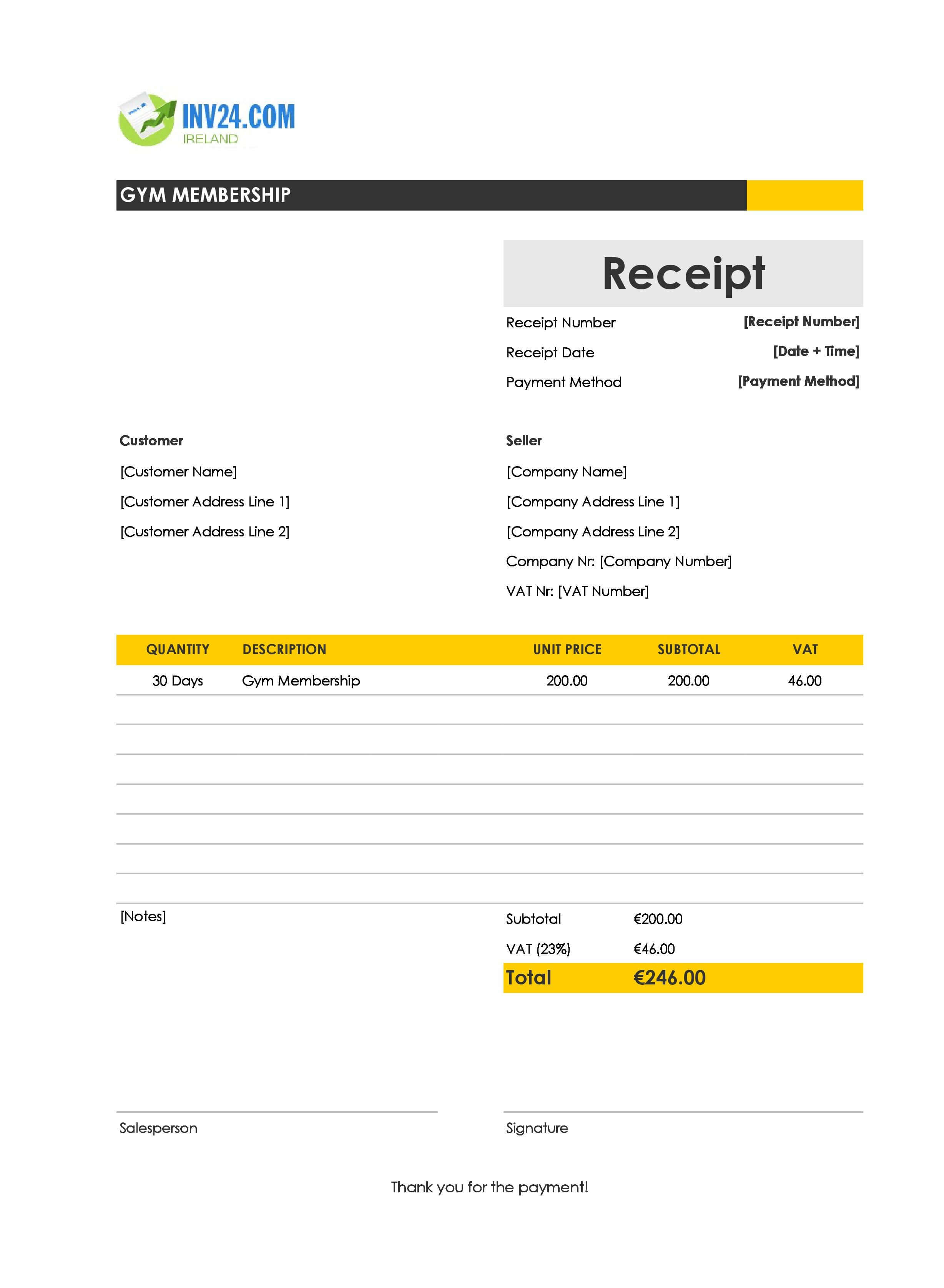 Gym Membership Receipt Template for Ireland (Excel / Google Sheets)