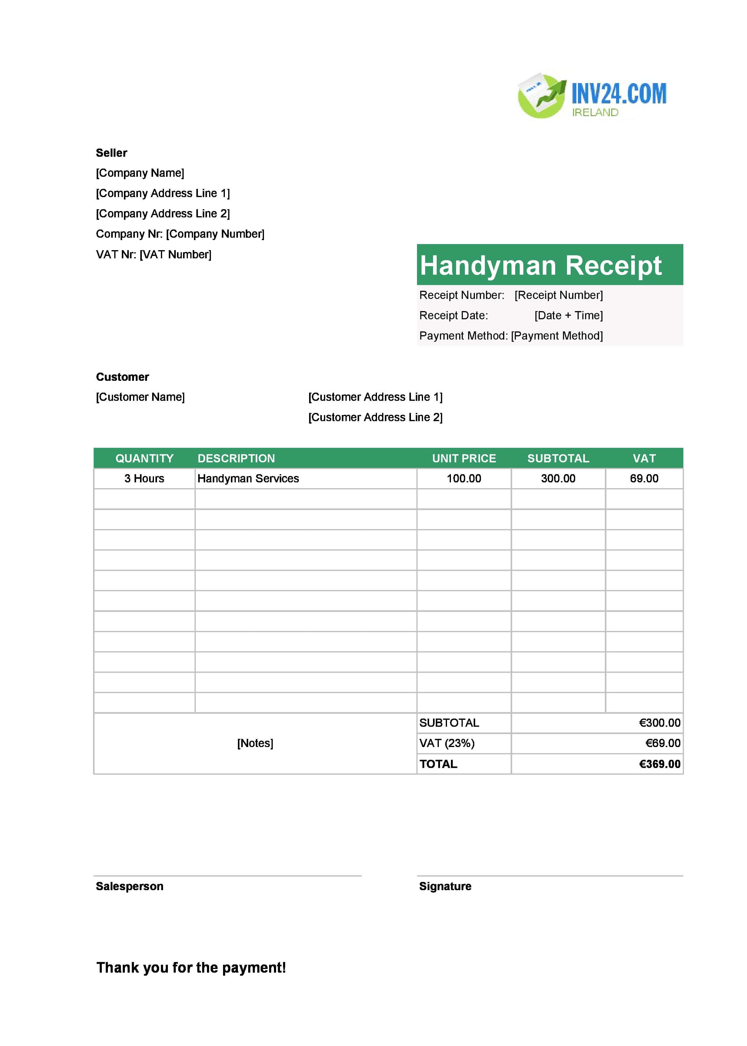 Handyman Receipt Template for Ireland (Excel / Google Sheets)