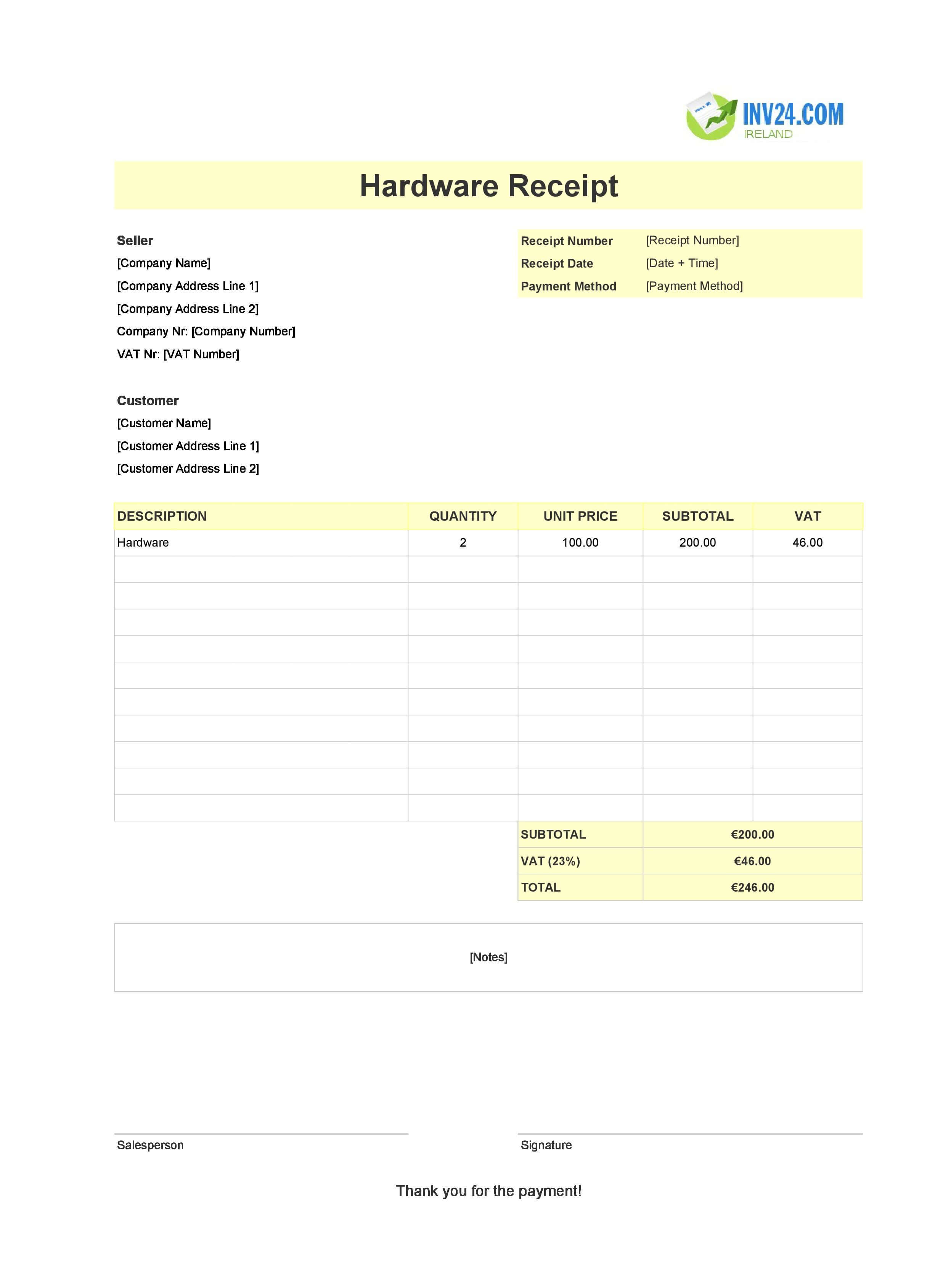 Hardware Receipt Template for Ireland (Excel / Google Sheets)