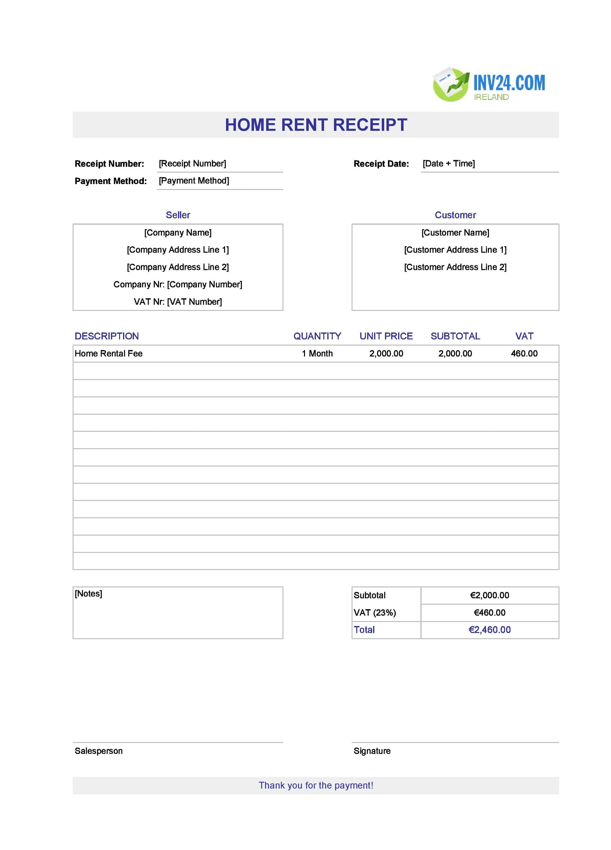 Home Rent Receipt Template for Ireland (Excel / Google Sheets)