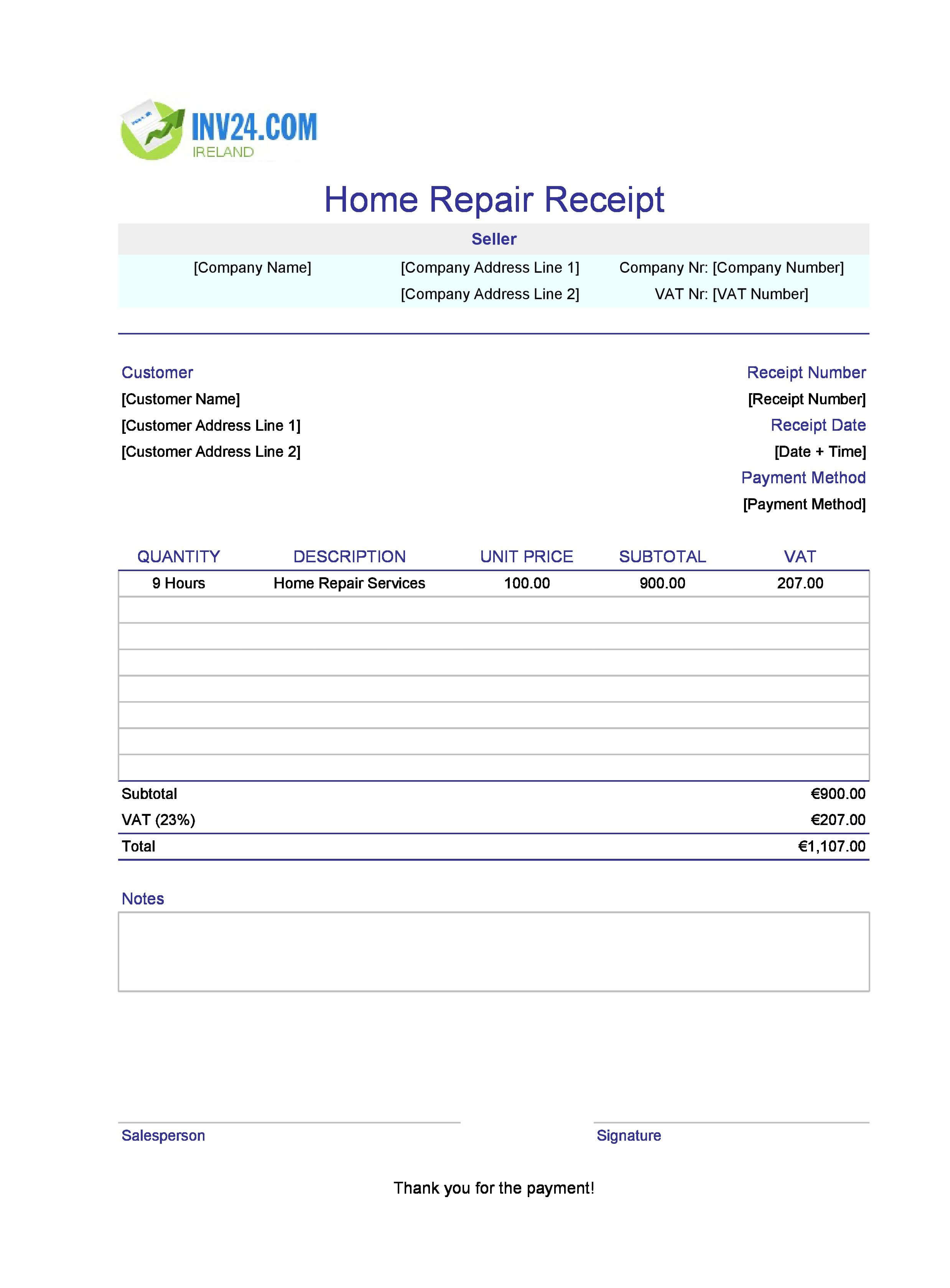 Home Repair Receipt Template for Ireland (Excel / Google Sheets)