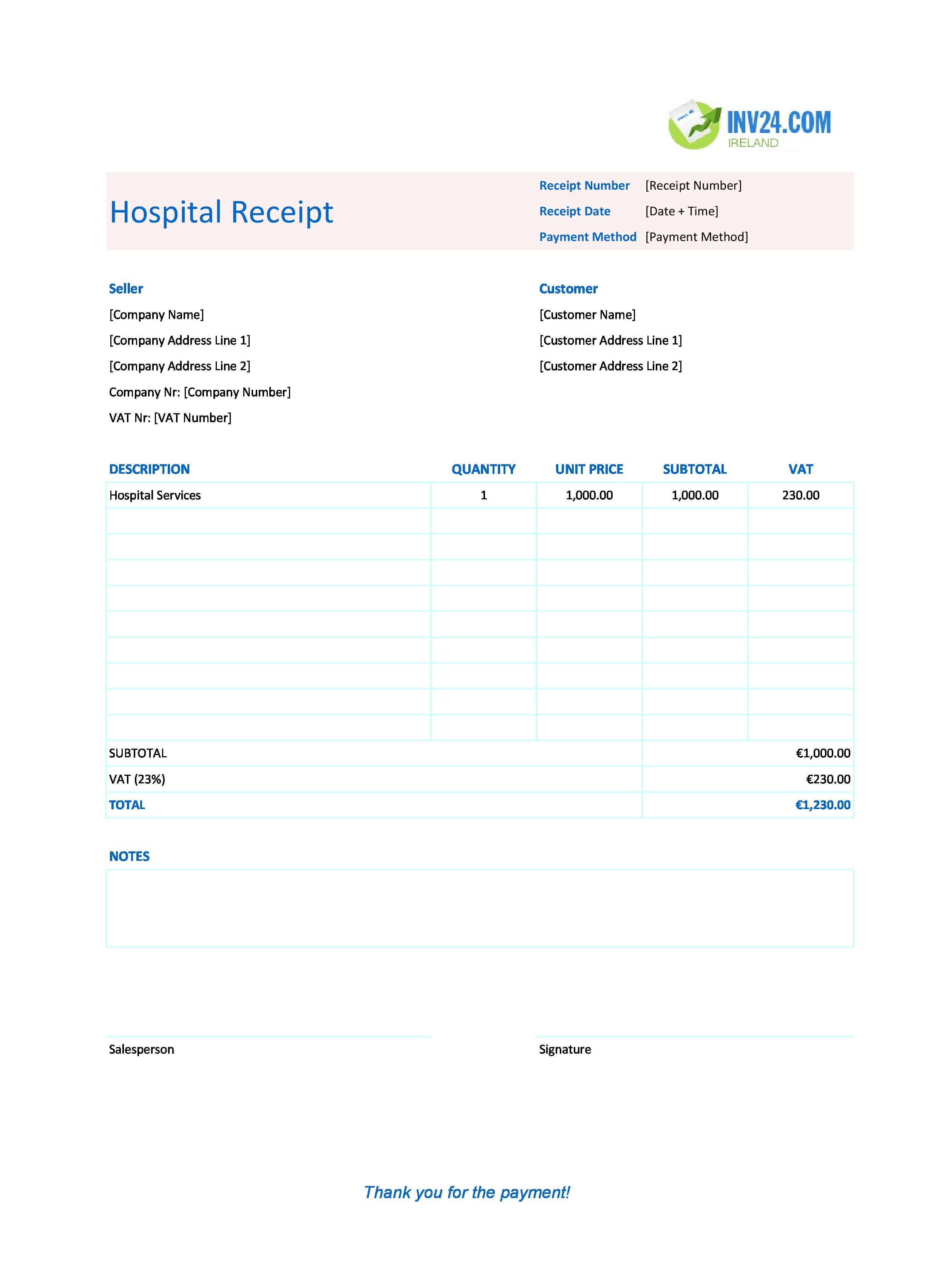 Hospital Receipt Template for Ireland (Excel / Google Sheets)
