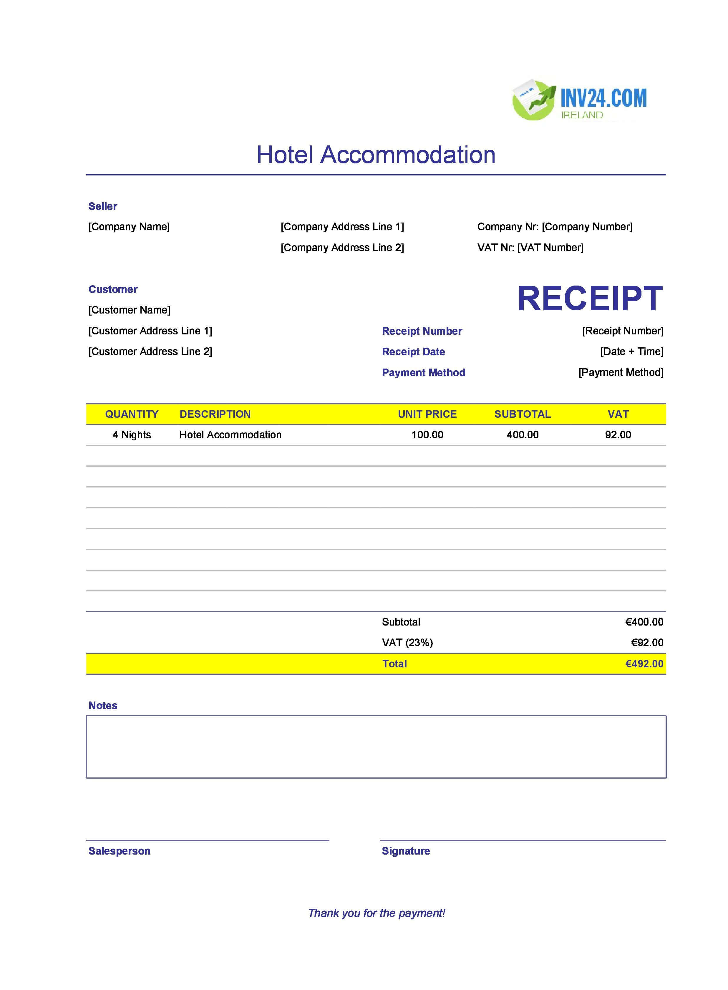 Hotel Accommodation Receipt Template for Ireland (Excel / Google Sheets)