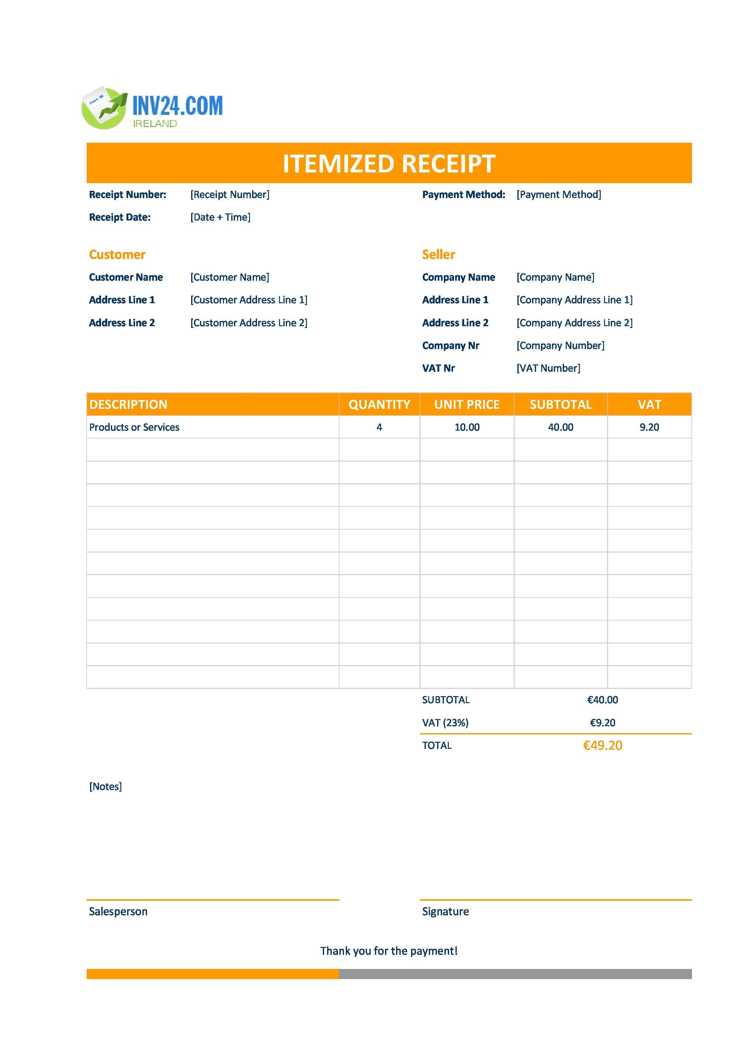 Itemized Receipt Template for Ireland (Excel / Google Sheets)