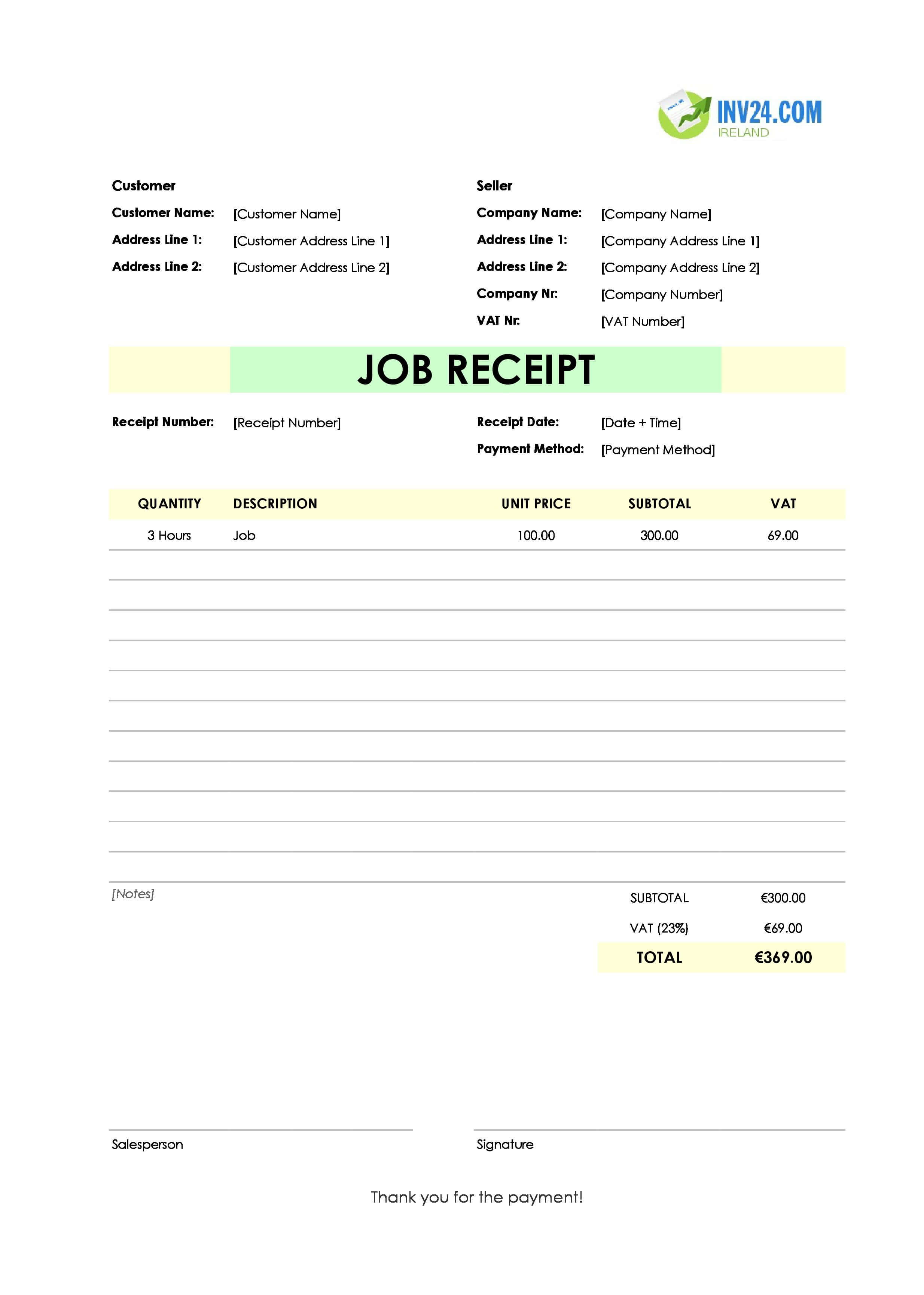Job Receipt Template for Ireland (Excel / Google Sheets)