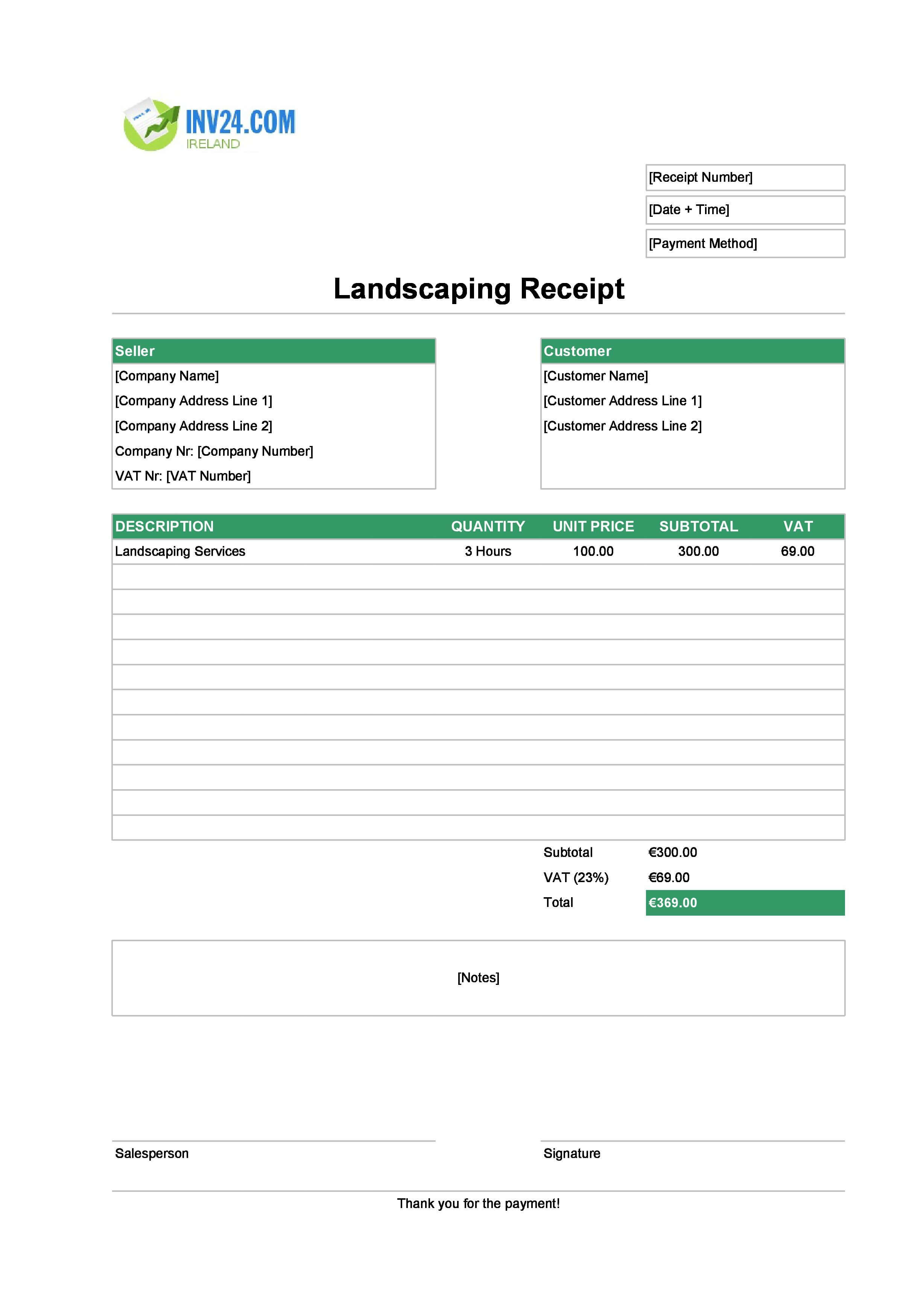 Landscaping Receipt Template for Ireland (Excel / Google Sheets)