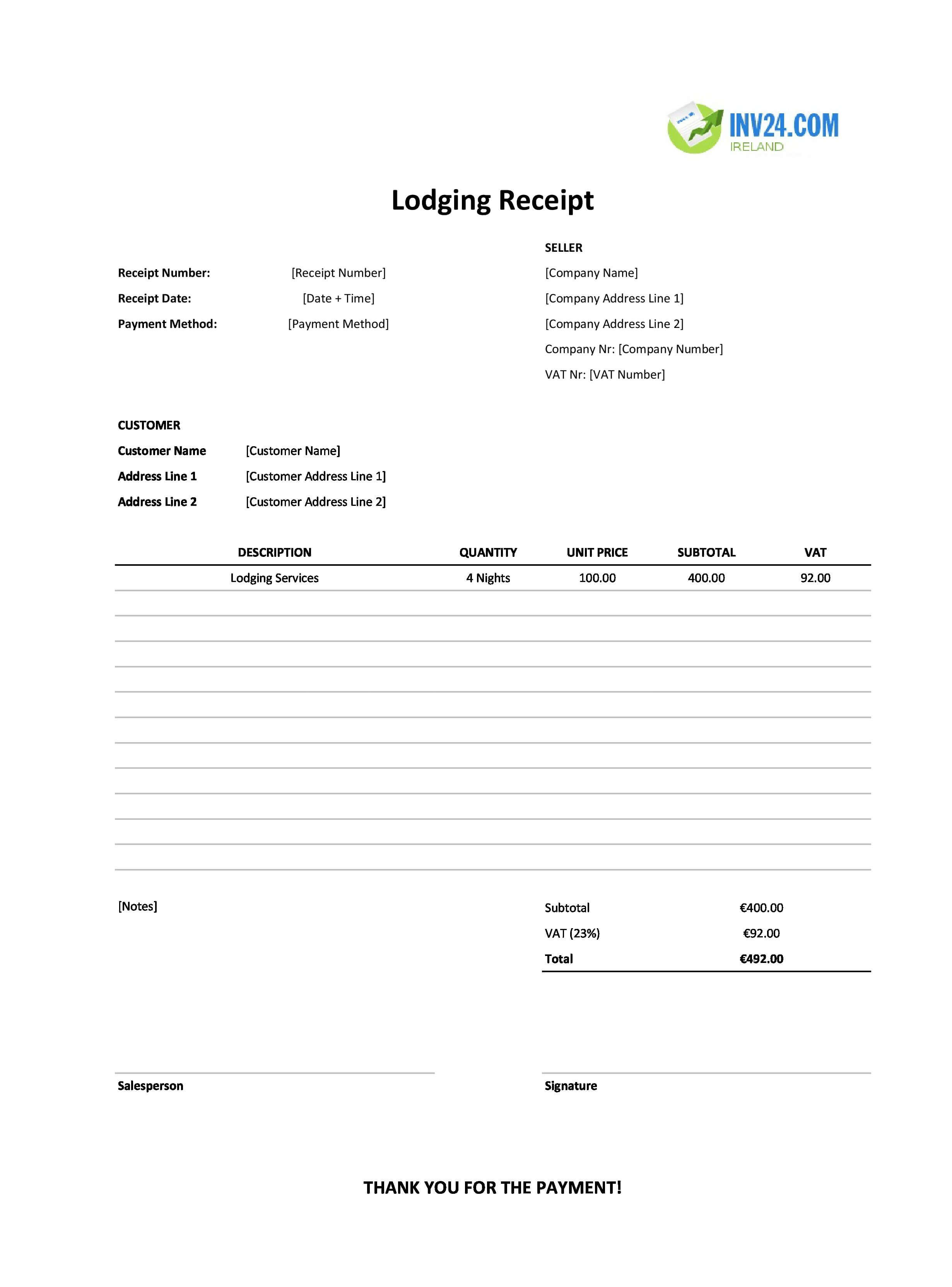 Lodging Receipt Template for Ireland (Excel / Google Sheets)
