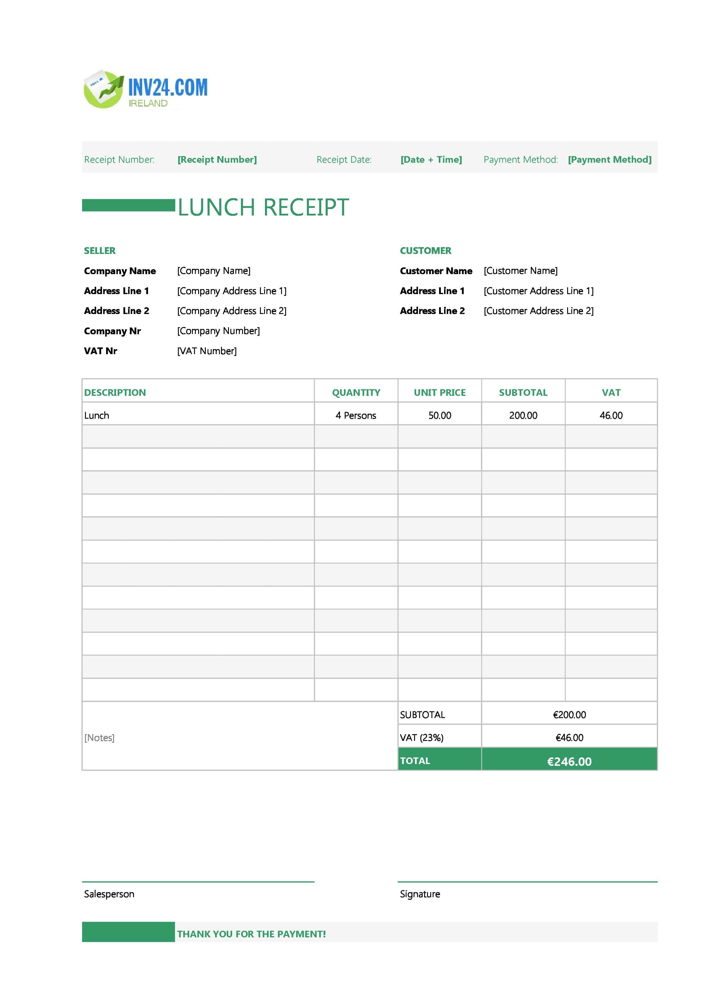 Lunch Receipt Template for Ireland (Excel / Google Sheets)