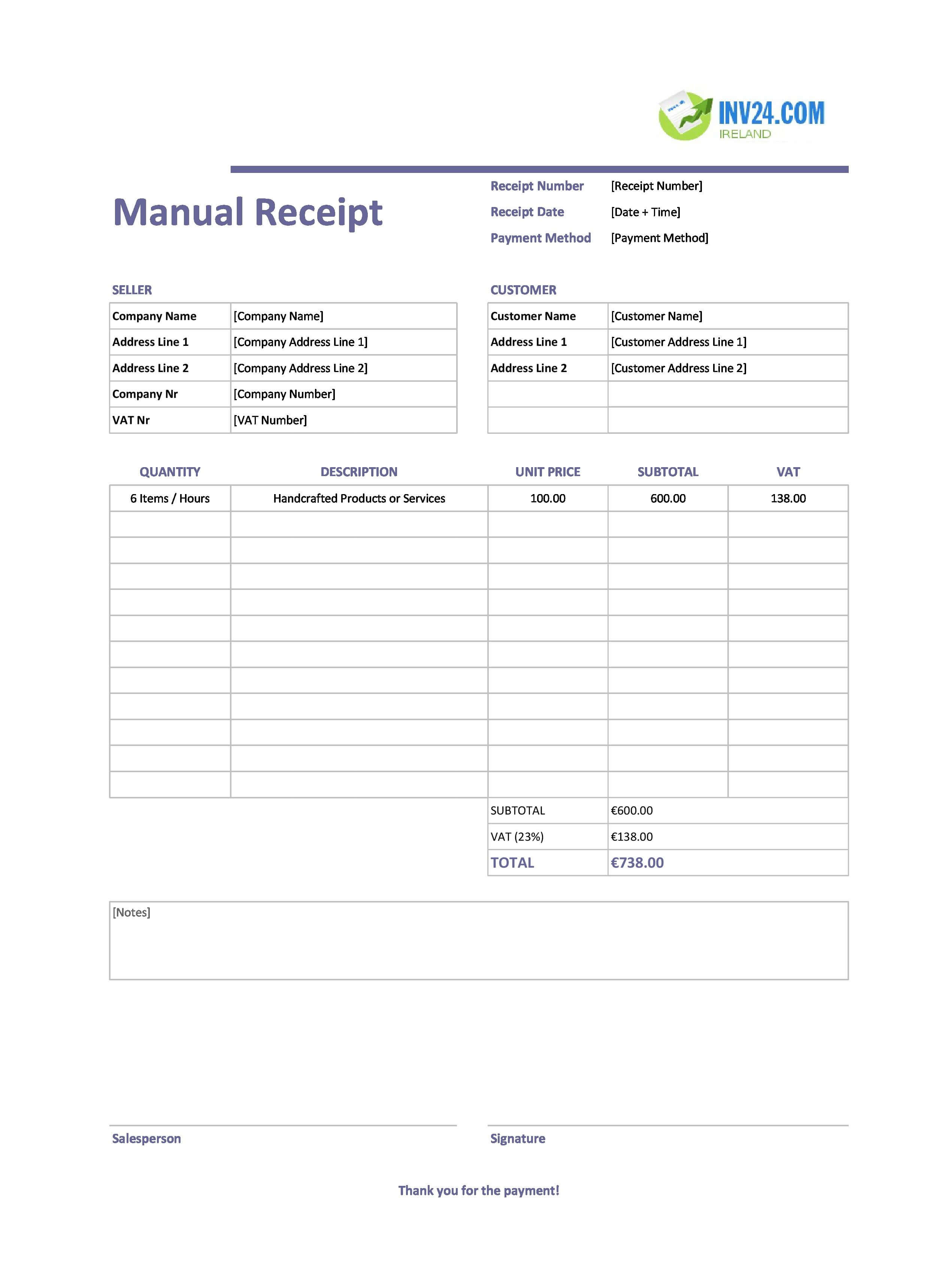 Manual Receipt Template for Ireland (Excel / Google Sheets)