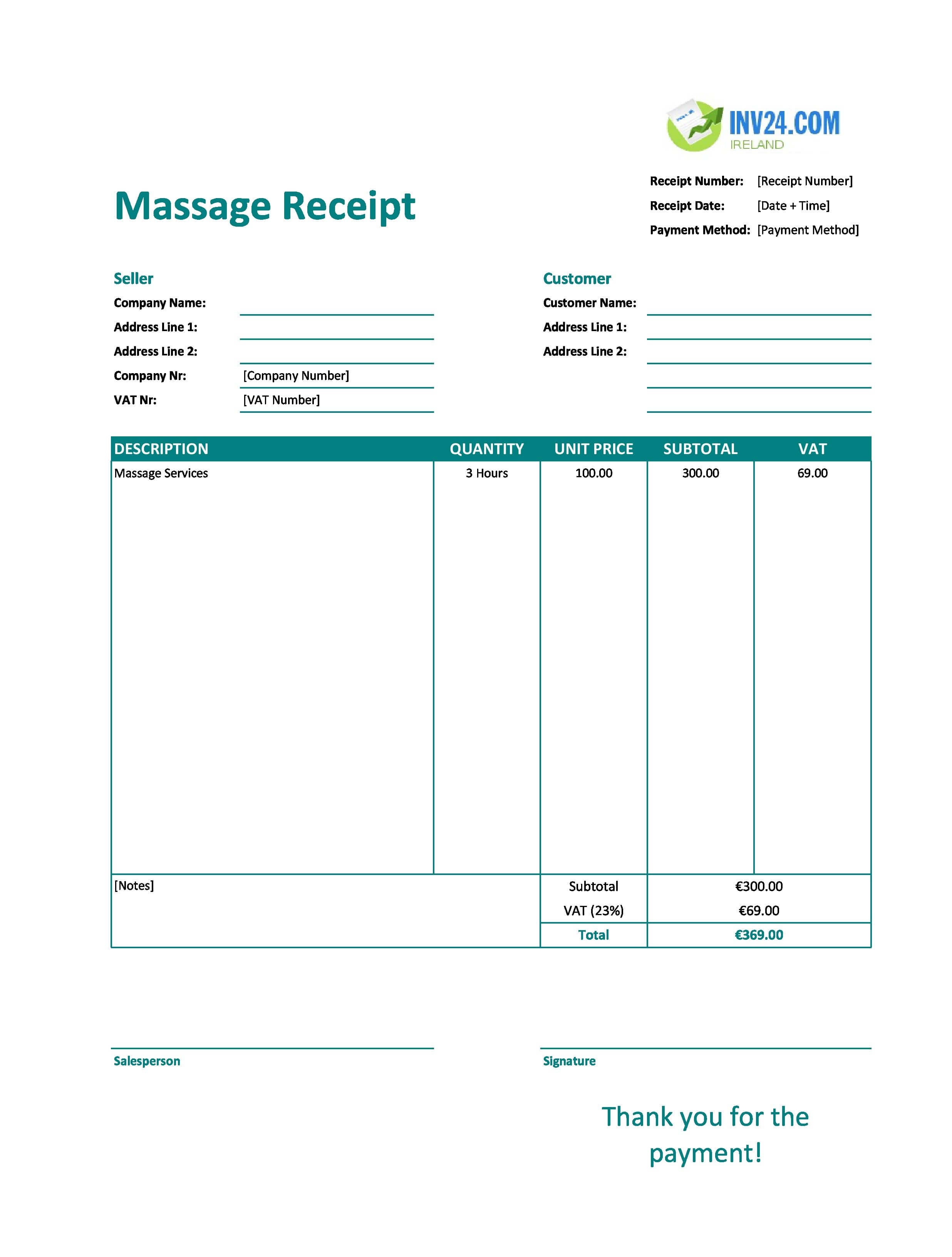 Massage Receipt Template for Ireland (Excel / Google Sheets)