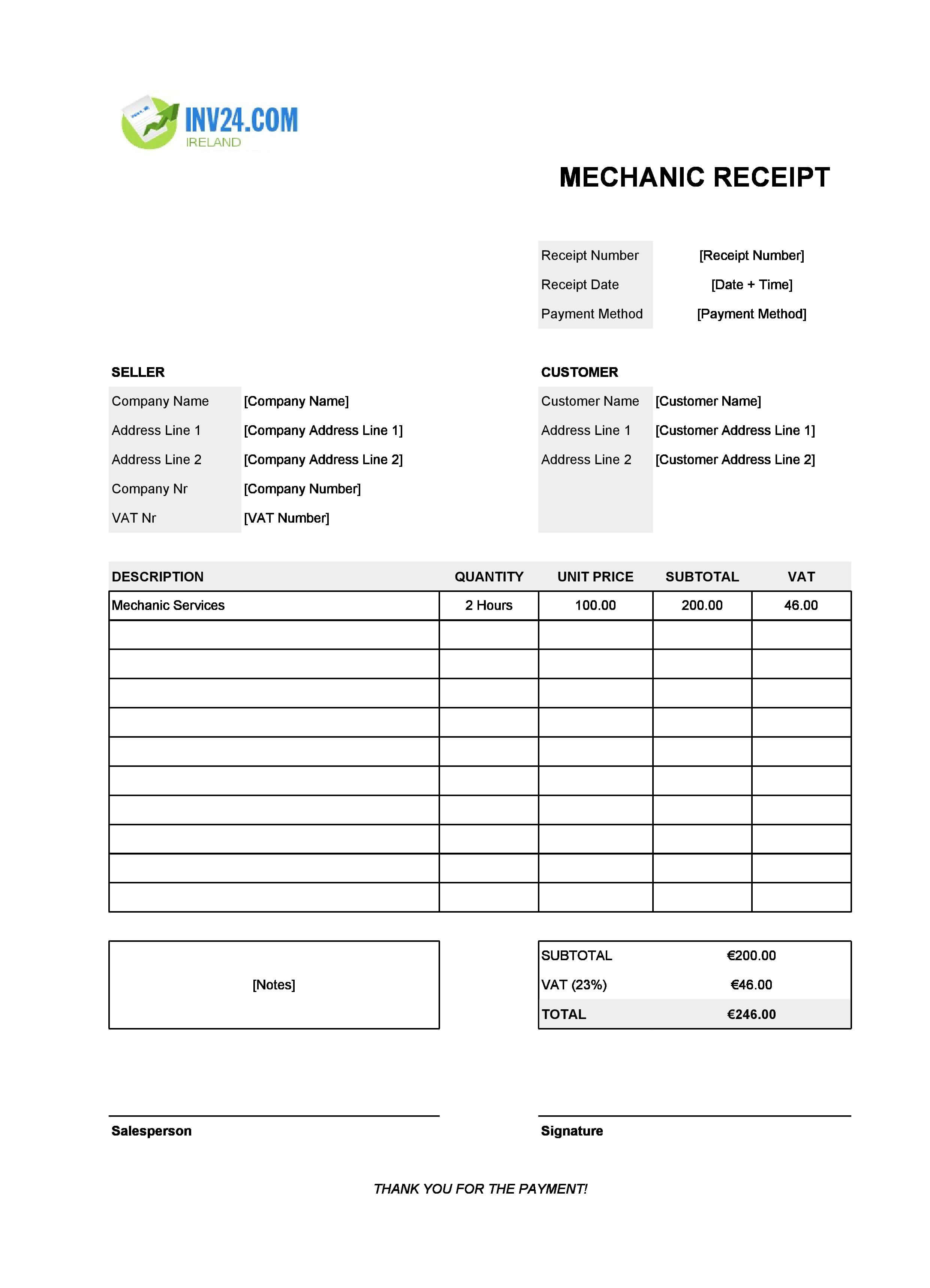 Mechanic Receipt Template for Ireland (Excel / Google Sheets)