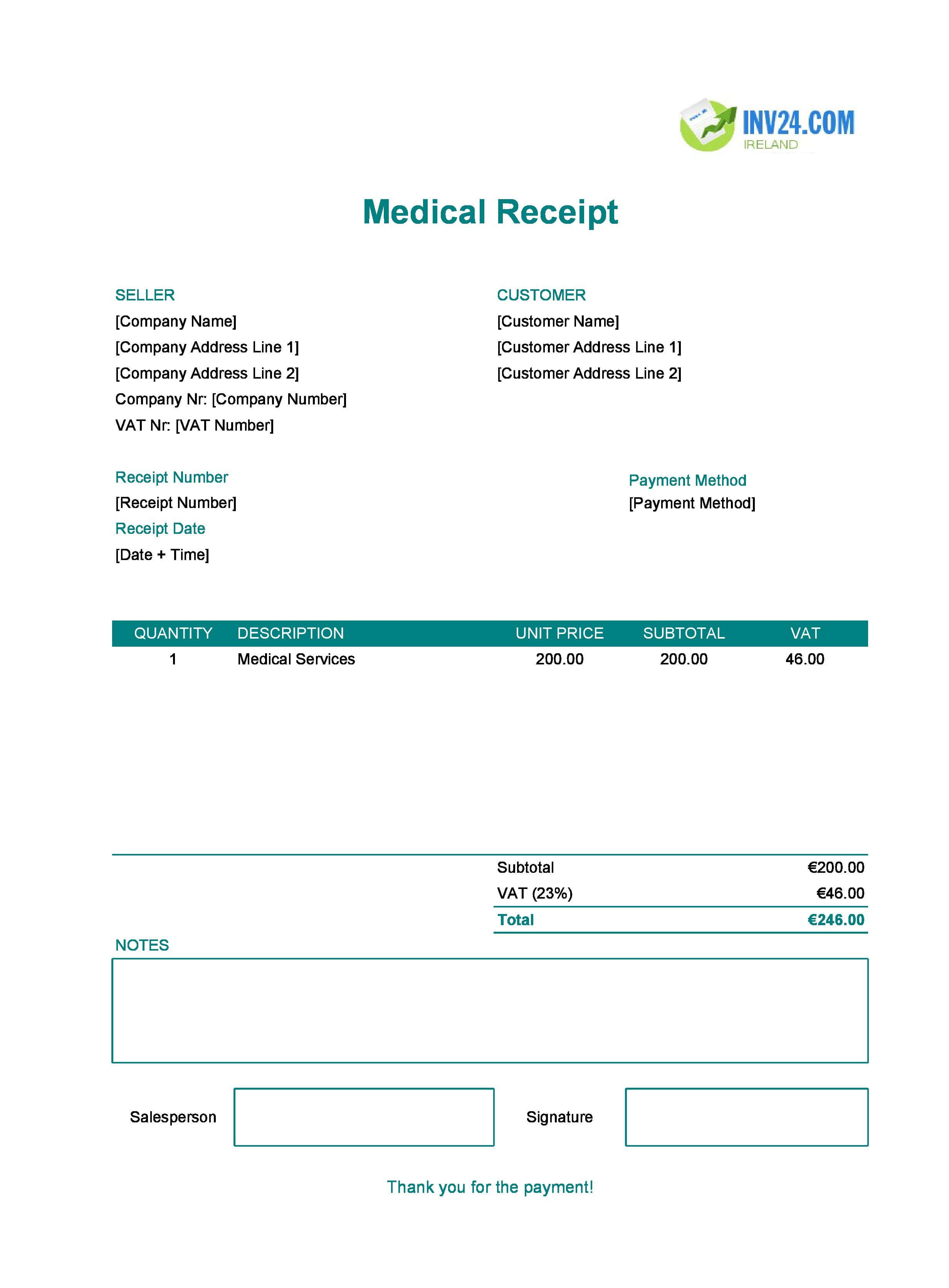 Medical Receipt Template for Ireland (Excel / Google Sheets)