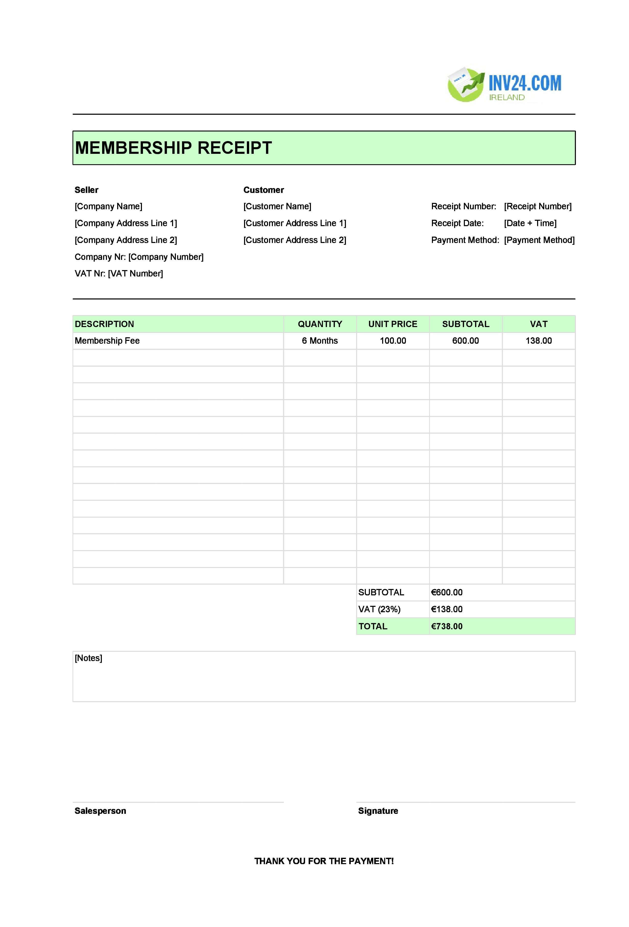 Membership Receipt Template for Ireland (Excel / Google Sheets)