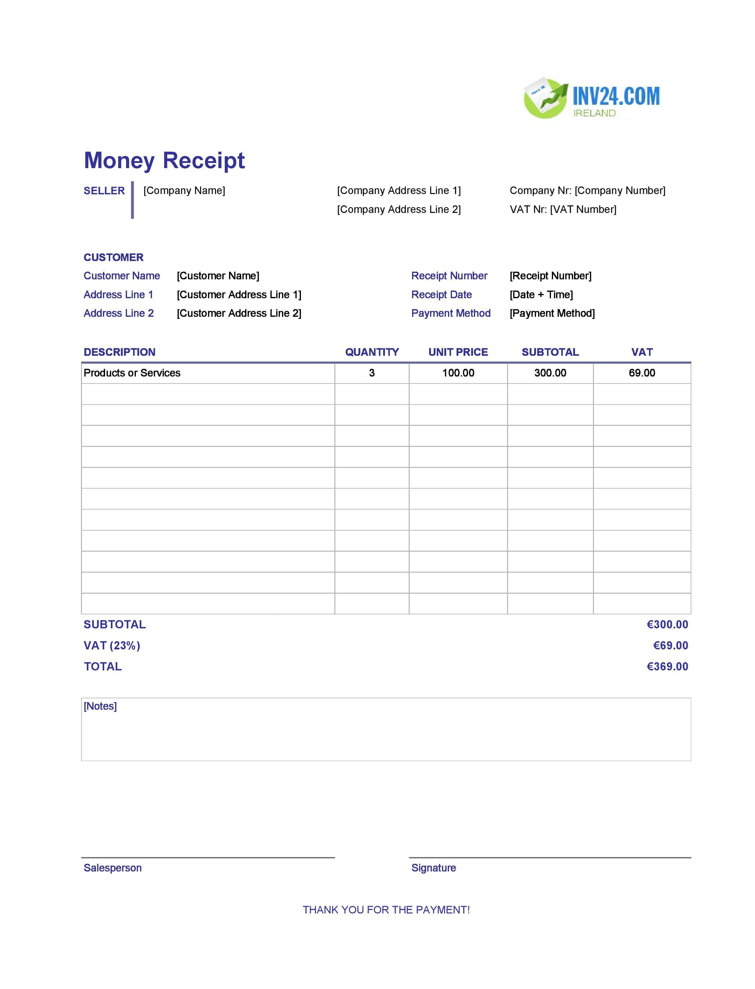 Money Receipt Template for Ireland (Excel / Google Sheets)