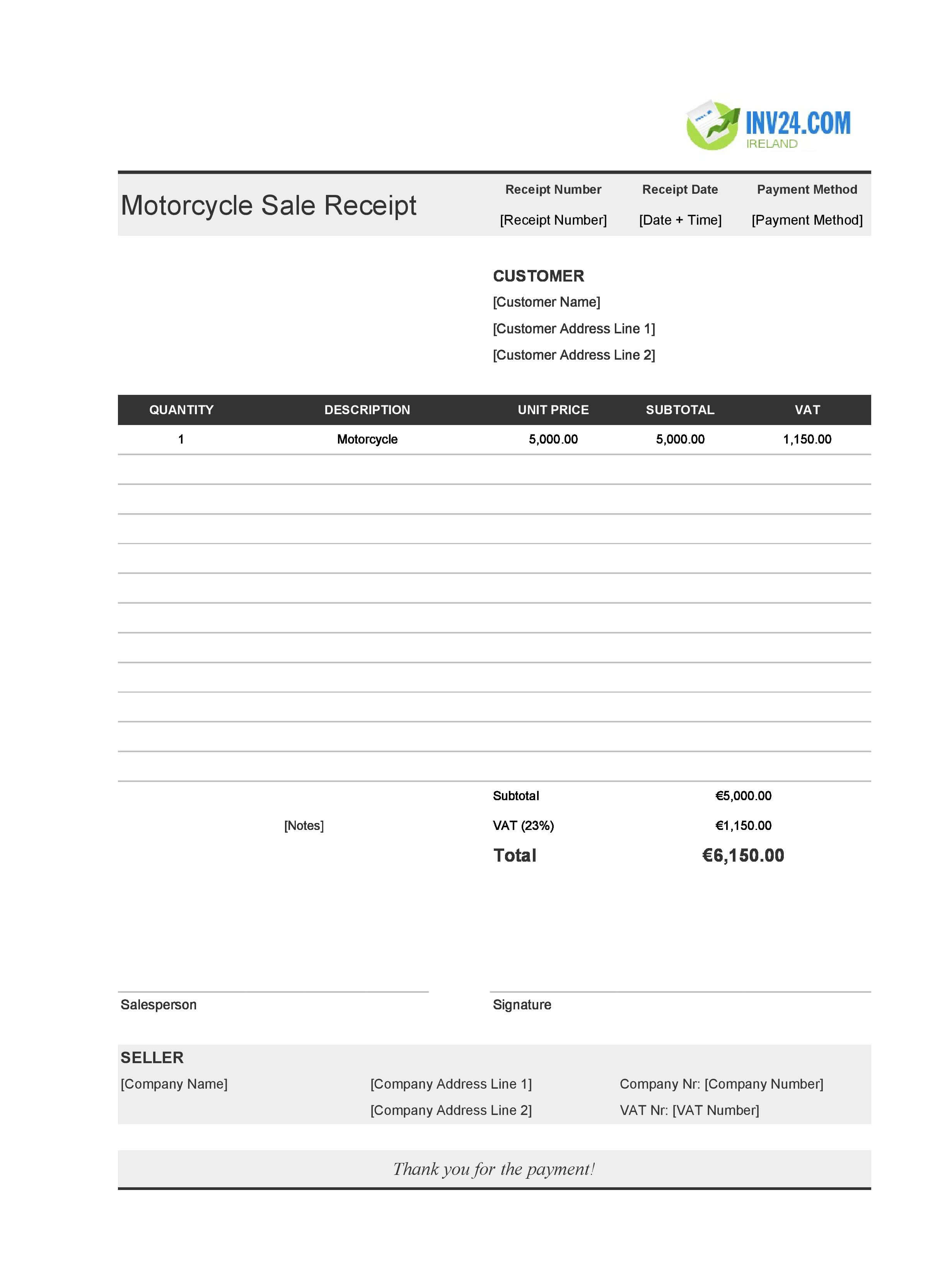 Motorcycle Sale Receipt Template for Ireland (Excel / Google Sheets)